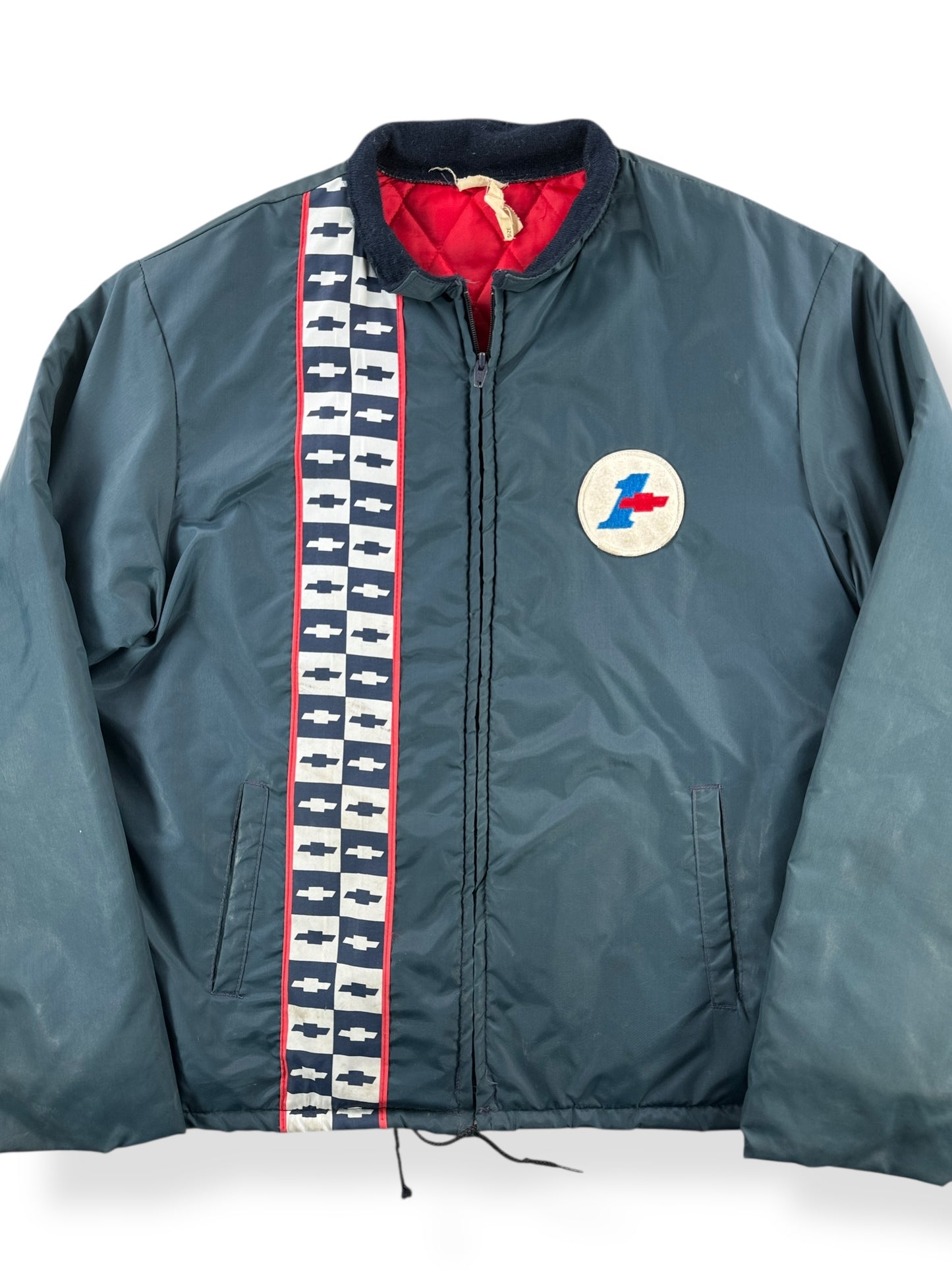 Front Close Up of Vintage Chevy Quilted Windbreaker Jacket SZ L