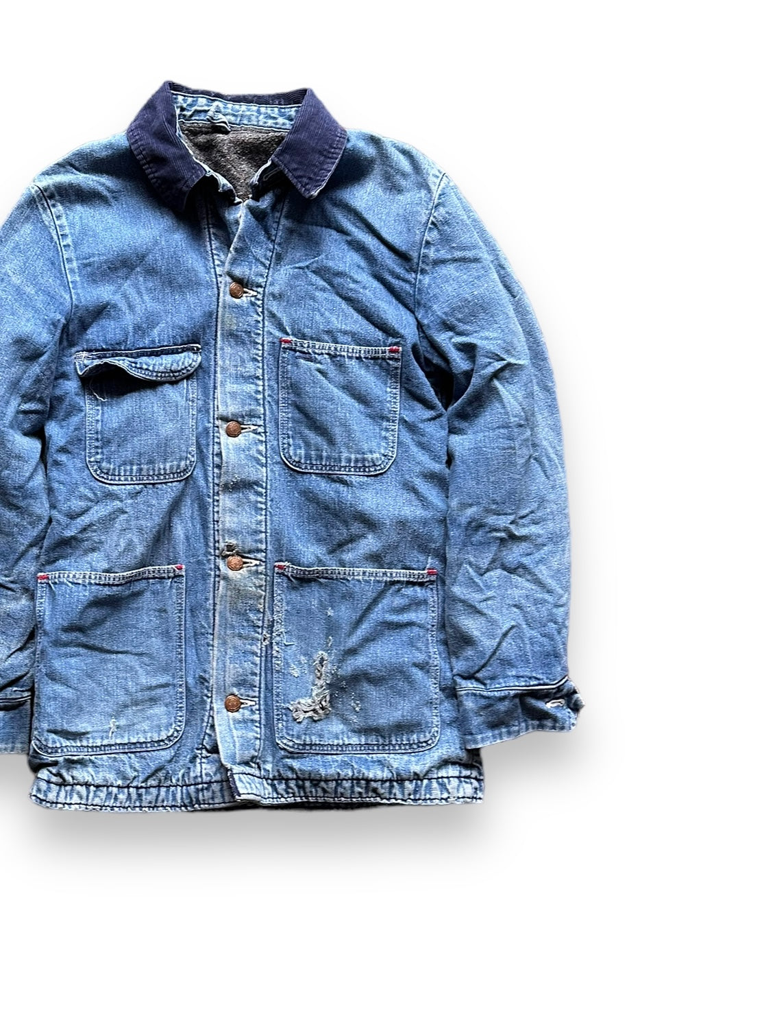 Front Left View of Vintage Wrangler Blanket Lined Denim Chore Coat SZ 34 | Seattle Vintage Workwear | Barn Owl Vintage Seattle