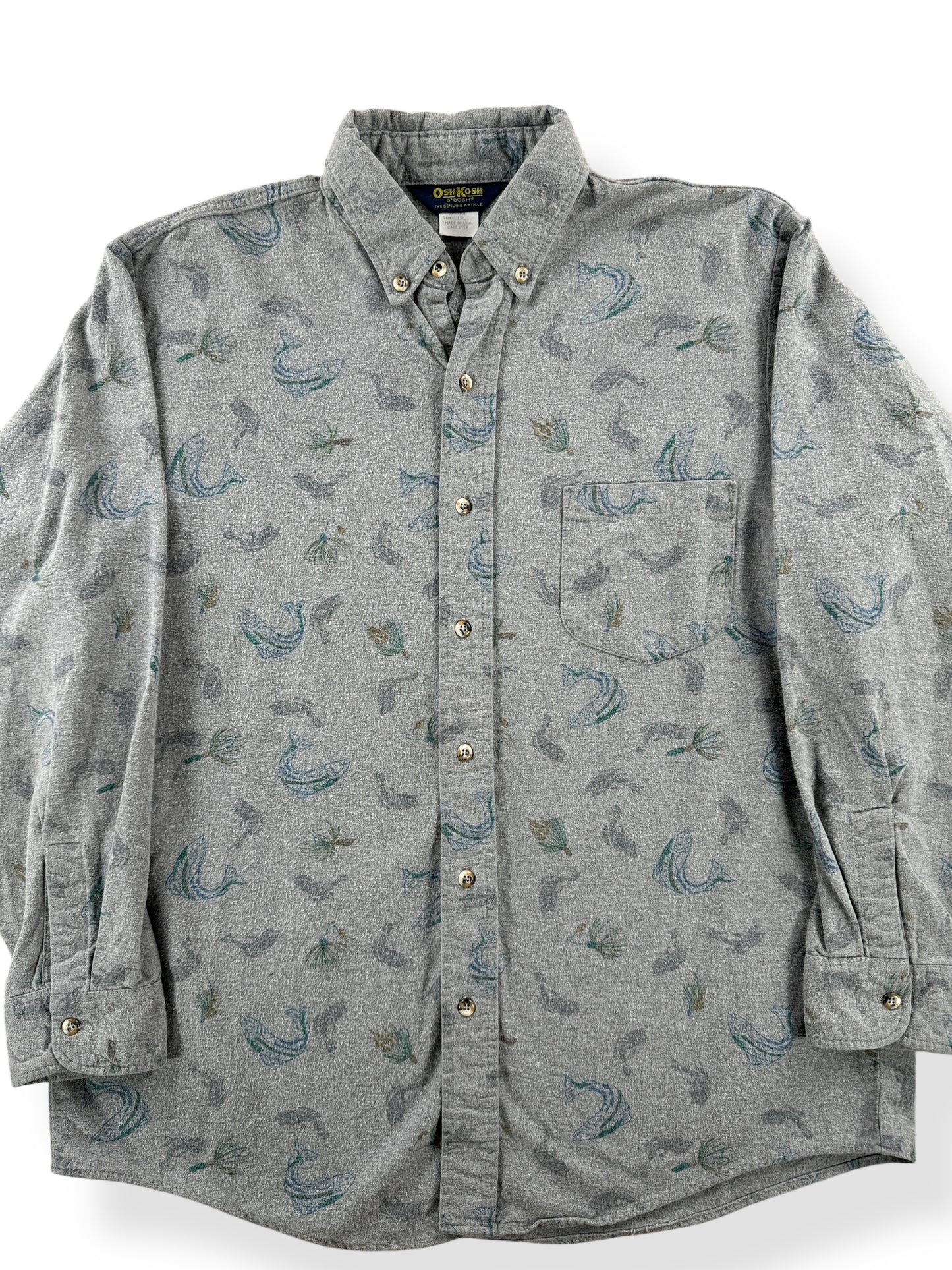 Front Close Up of Vintage Oshkosh Flyfishing Chamois Shirt SZ L