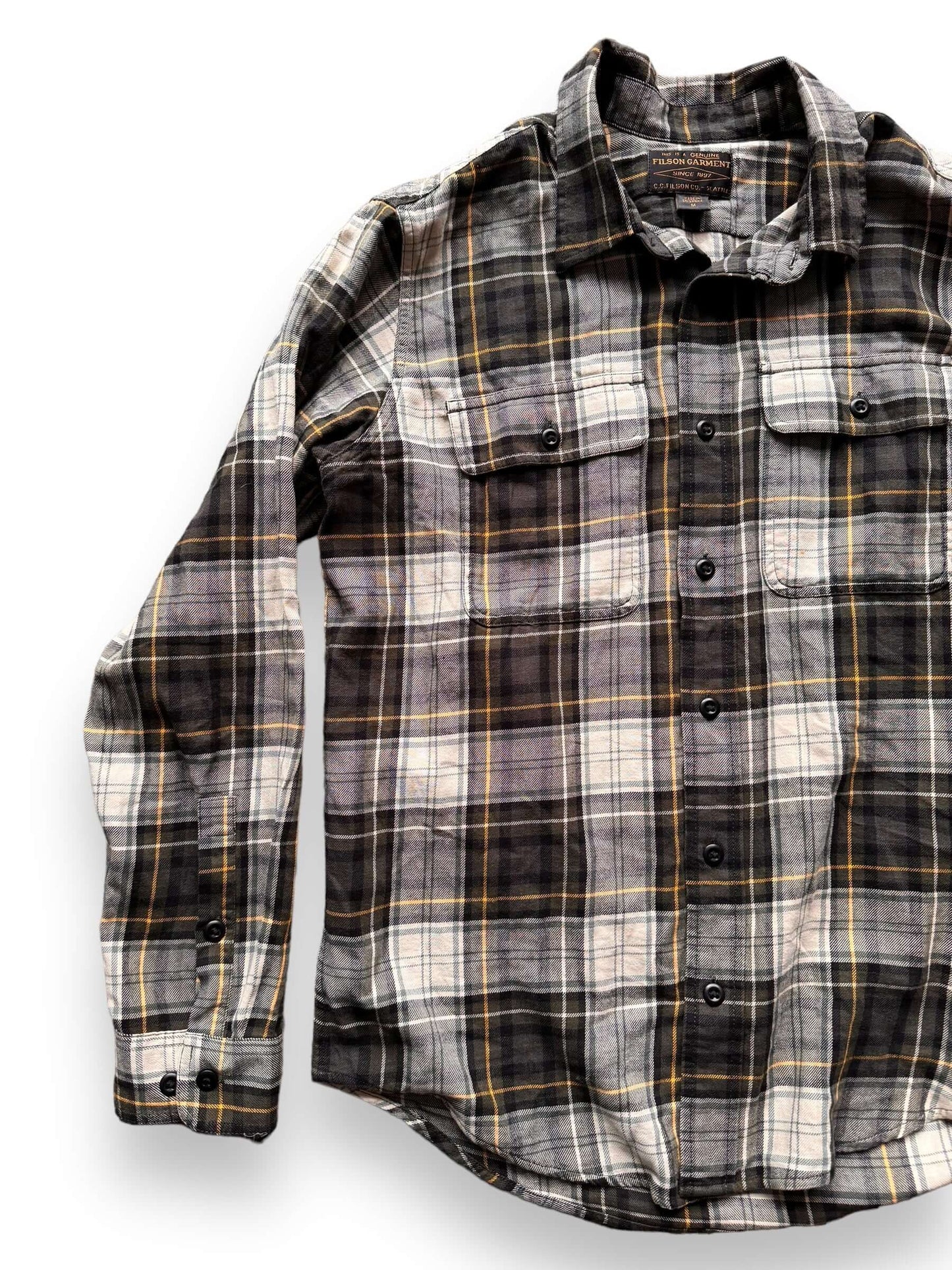front right of Filson Forest Green Plaid Scout Shirt SZ M