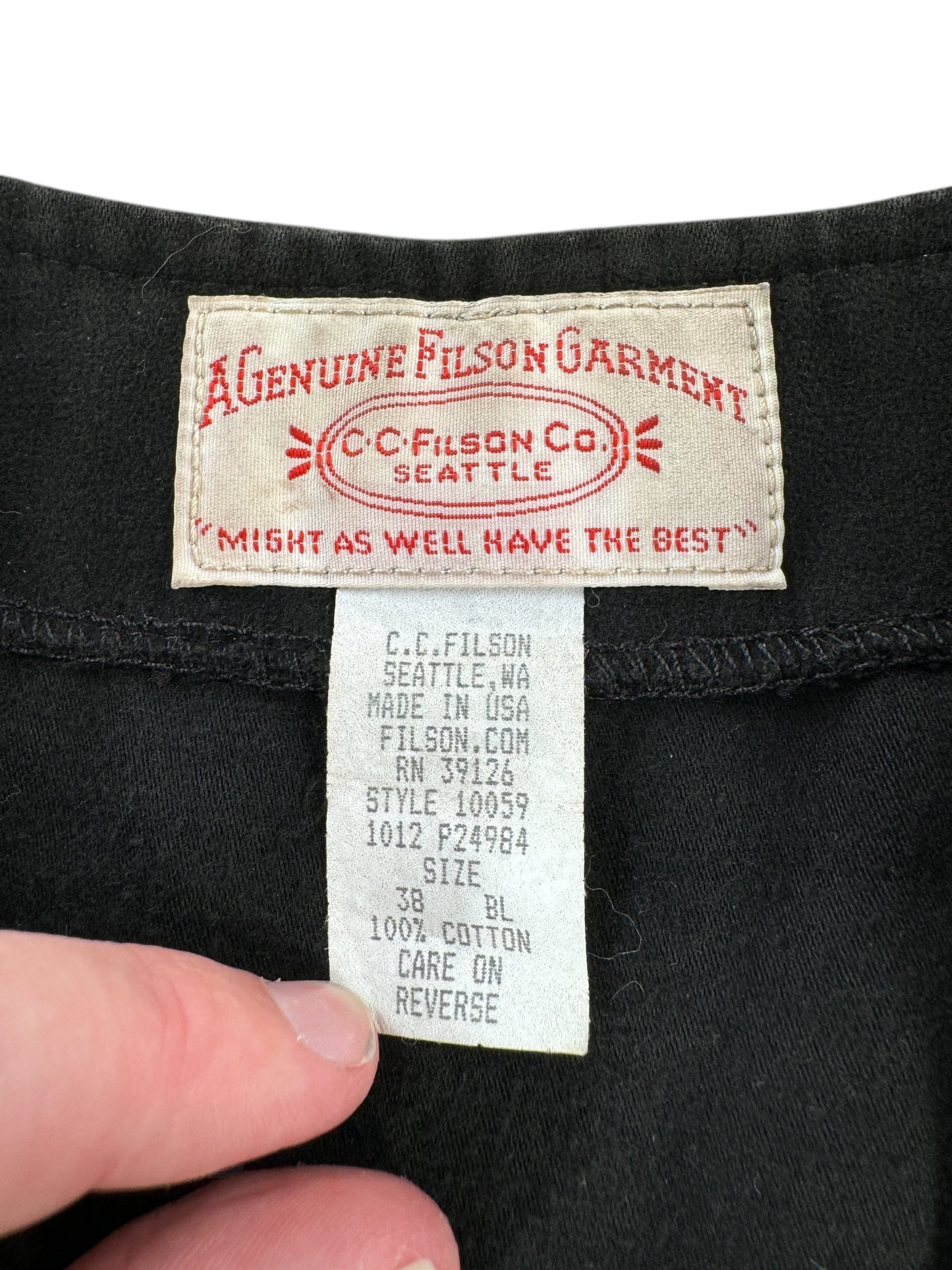 Tag on Vintage Black Filson Moleskin Vest SZ 38