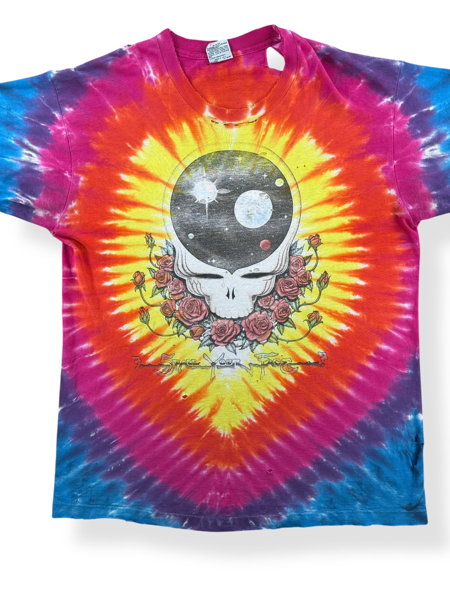 Front Close Up of Vintage Grateful Dead Steal Your Face Liquid Blue Tie Dye Tee SZ XL AS IS
