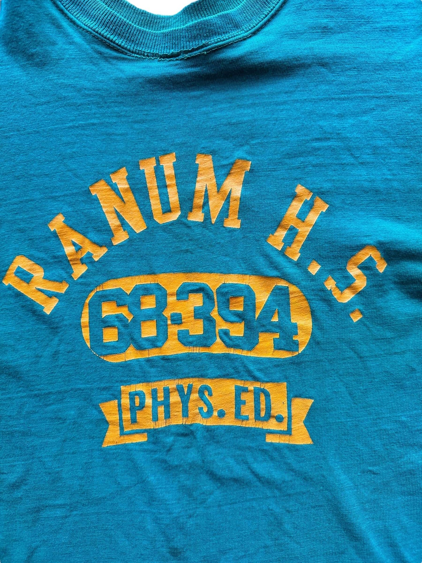 Front Graphic of Vintage Reversible Ranum HS Phys Ed Tee SZ L