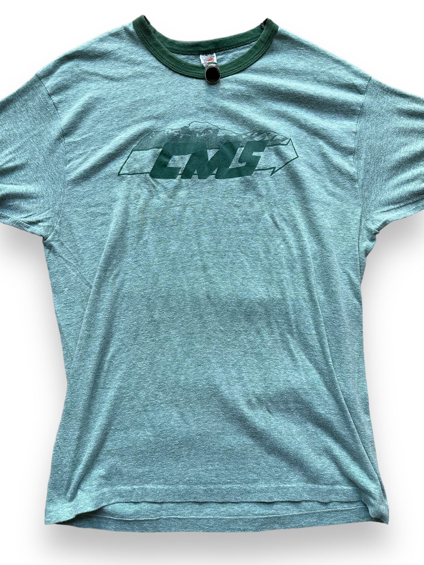 Front Detail on Vintage Cascade Moving Green Ringer Tee SZ XL | Vintage Graphic T-Shirts Seattle | Barn Owl Vintage Tees Seattle