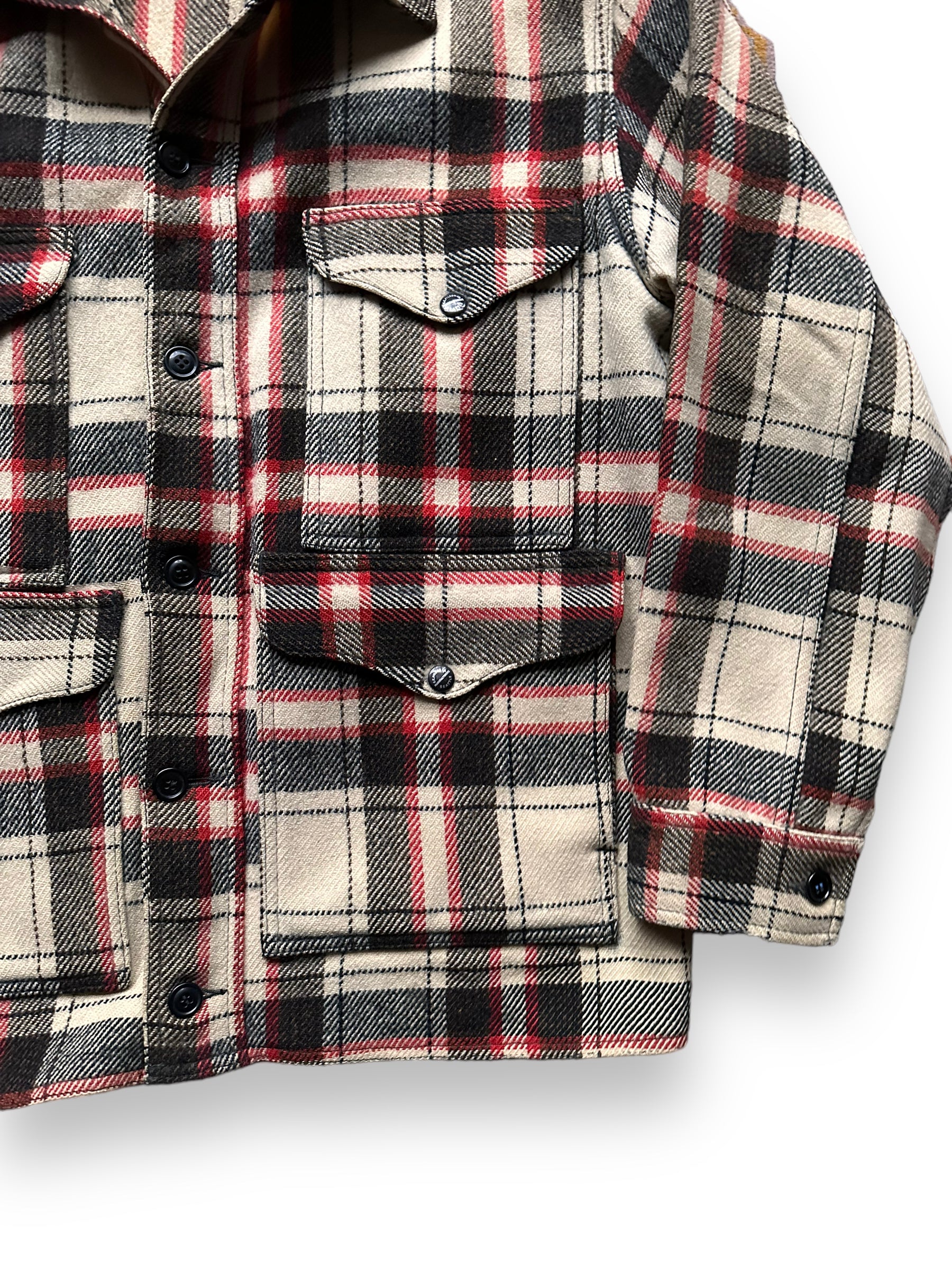 Lower Front Left View on Extremely Rare 1951 Filson Red-Black-White Single Back Mackinaw Coat SZ 46 |  Vintage Filson Peppermint Patty Alternate | Vintage Workwear Seattle