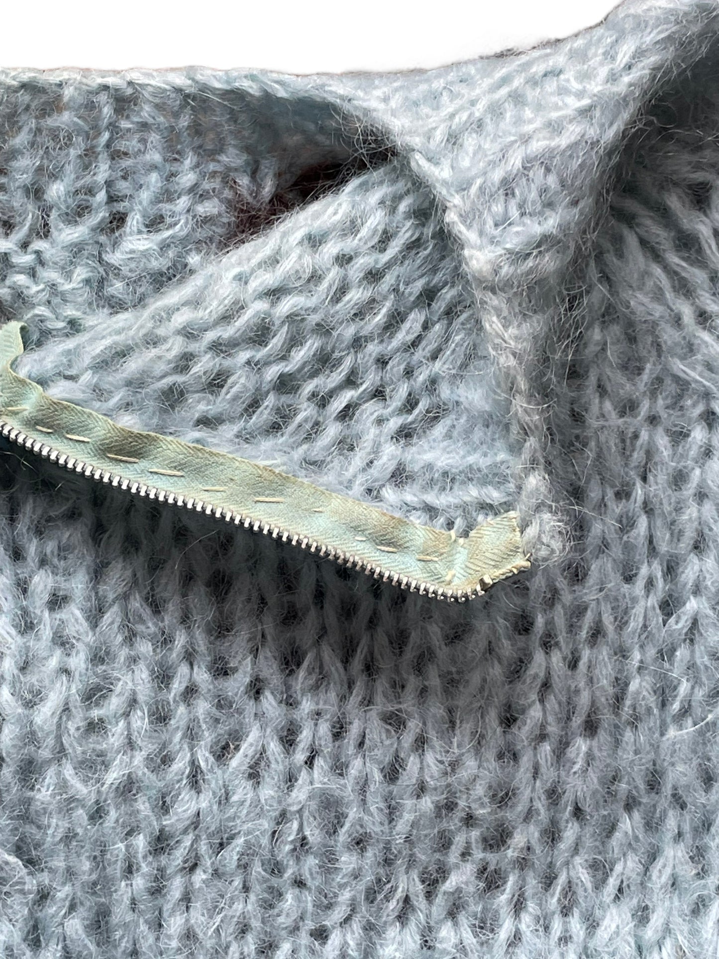 Inside zipper of Vintage 1950s Mohair Cable Knit Sweater SZ L | Barn Owl Sweaters | Seattle Vintage
