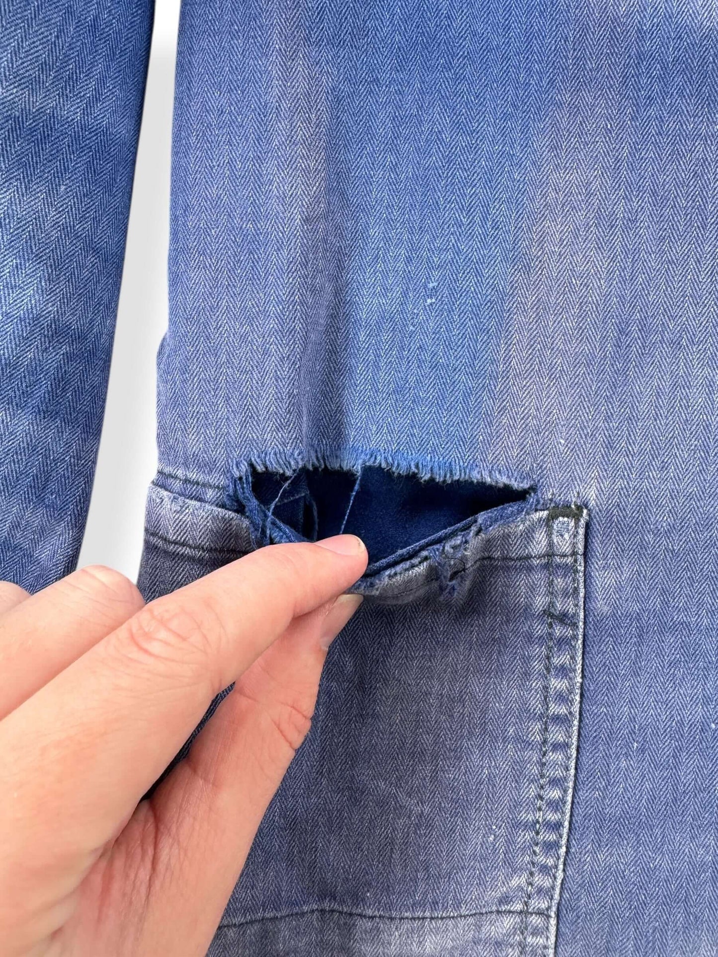 Rip Above Pocket on Vintage Perfect Sunfade HBT French Chore Coat SZ L