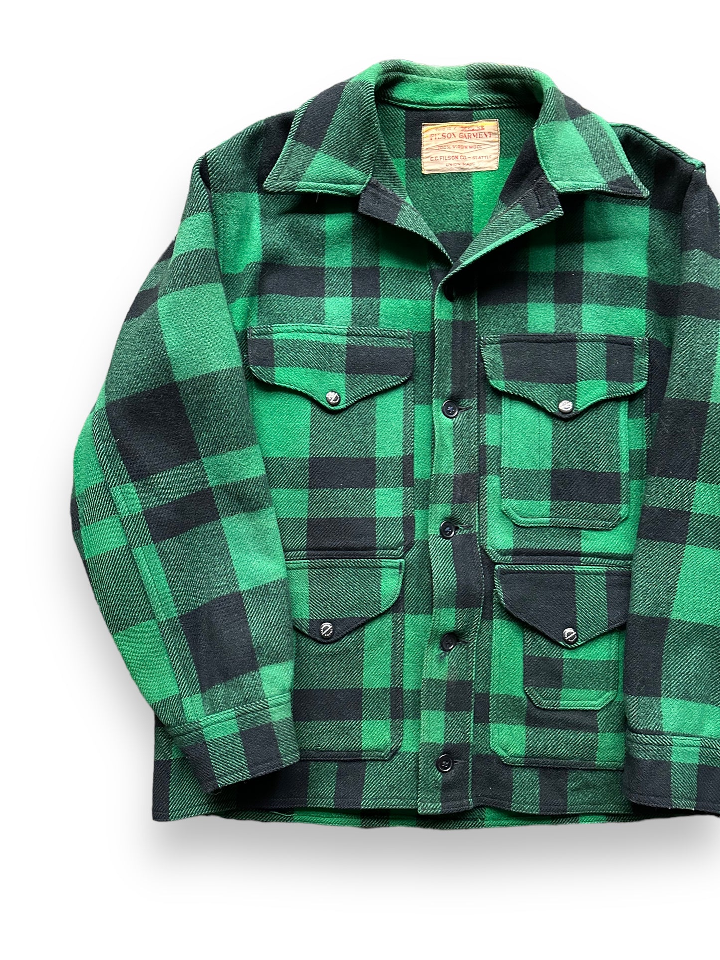 Front Right View of Vintage Union Made Filson Green & Black Mackinaw Coat SZ 44 | Vintage Filson Workwear Seattle | Vintage Clothing Seattle