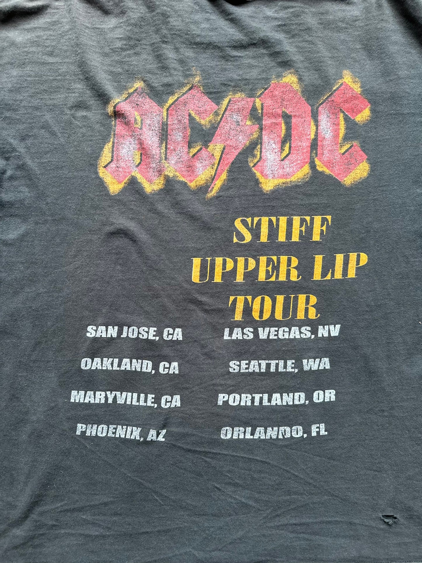 Rear Graphic Detail on Vintage AC/DC Stiff Upper Lip Tour Tee Size XXL | Barn Owl Vintage Seattle | Vintage Rock Tees Seattle