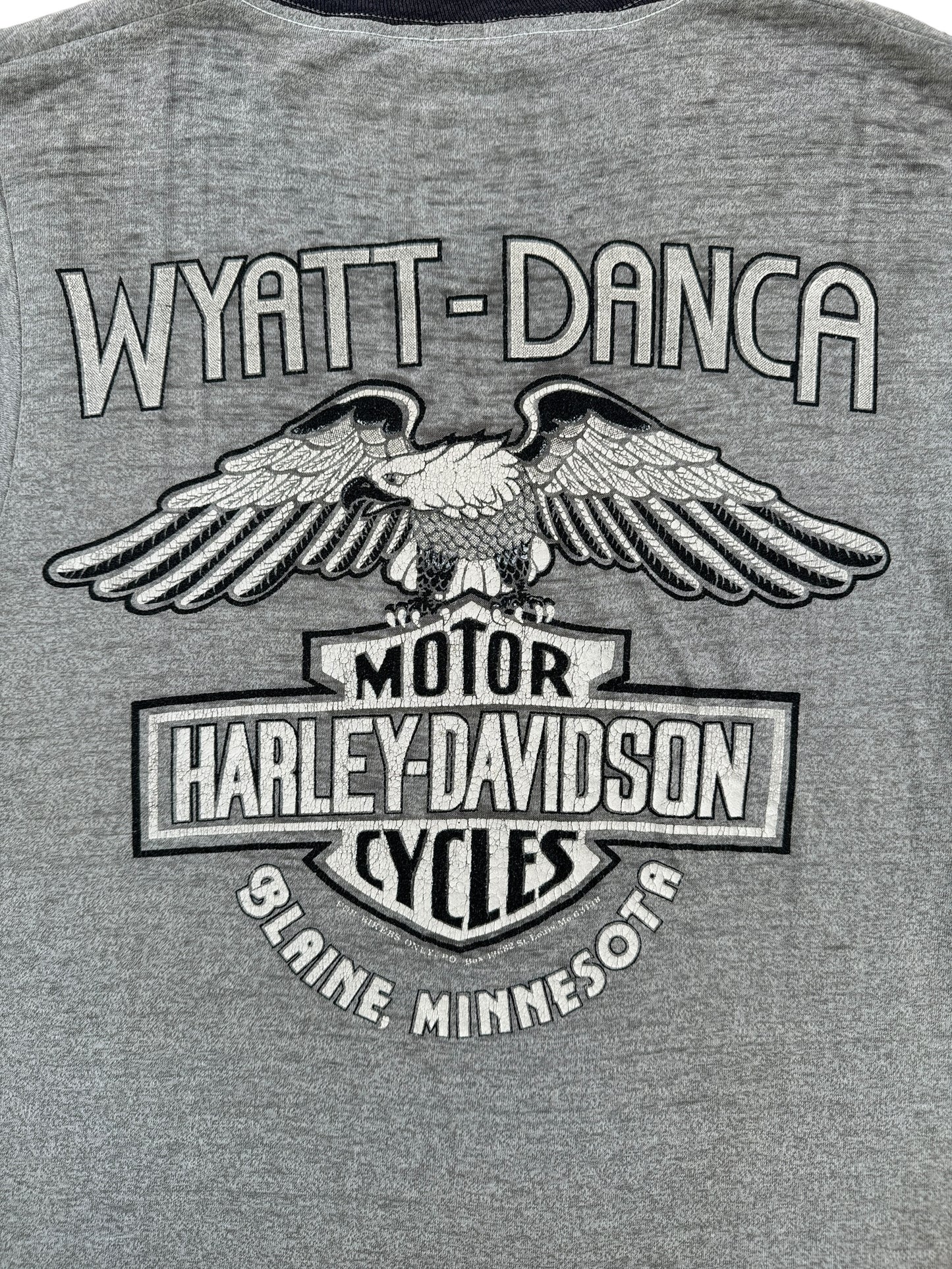 Back of Vintage Harley Davidson Blaine MN Ringer Tee SZ S