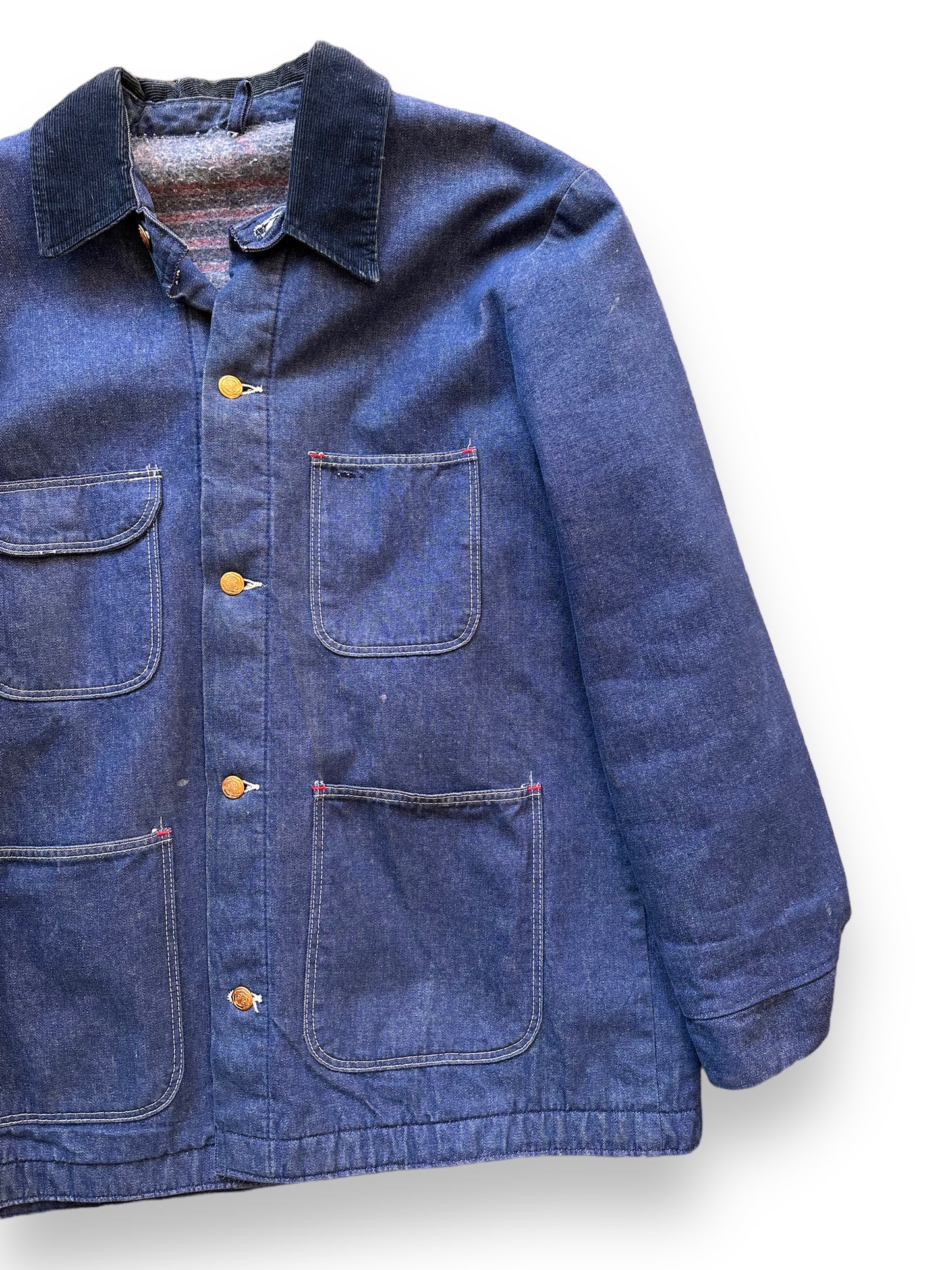 Front Left View on Vintage Blanket Lined Denim Chore Coat SZ L | Vintage Denim Chore Coat | Barn Owl Vintage Seattle