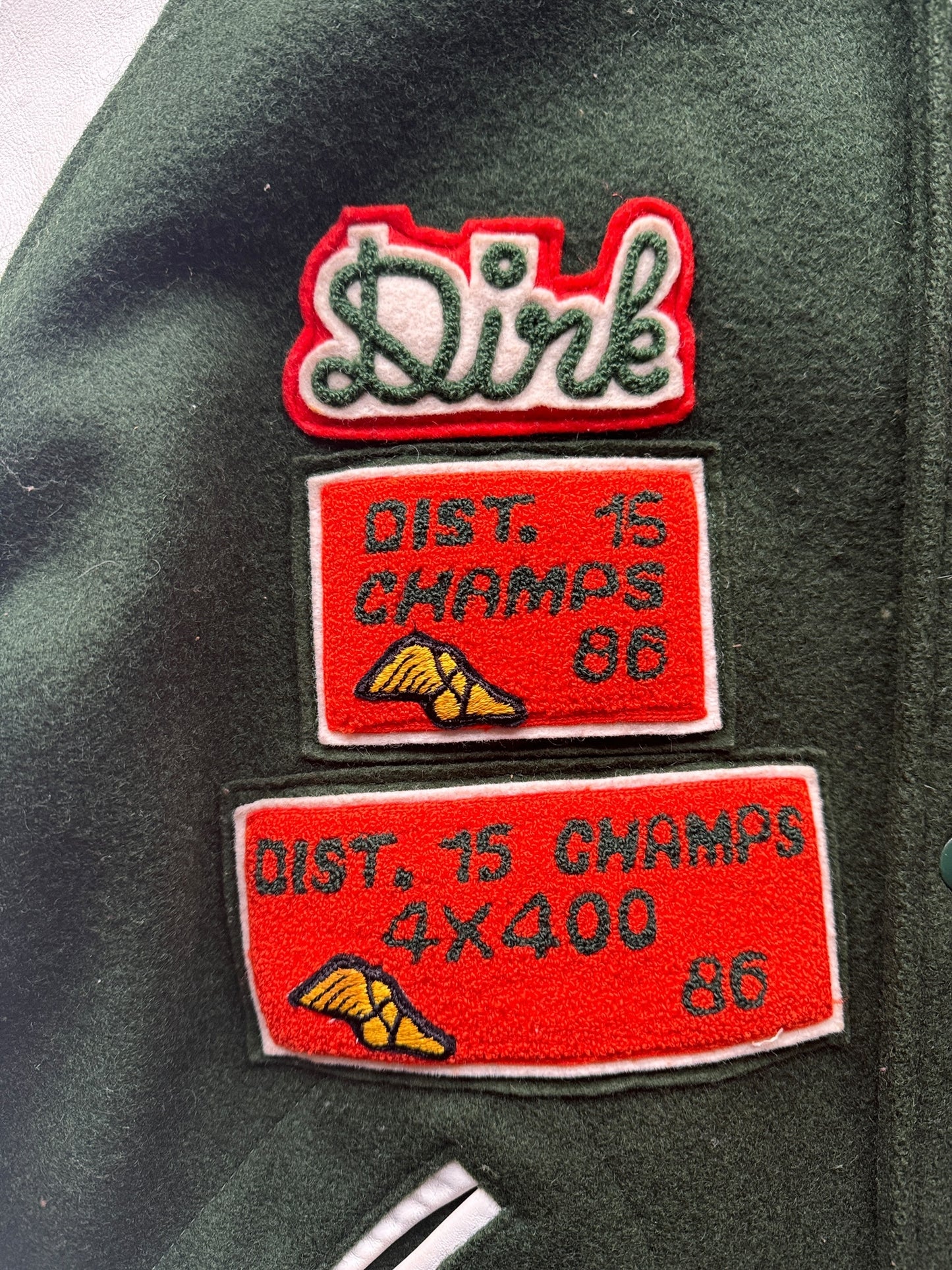 Patches Close Up of Vintage 1987 Woodway Varsity Jacket SZ XL