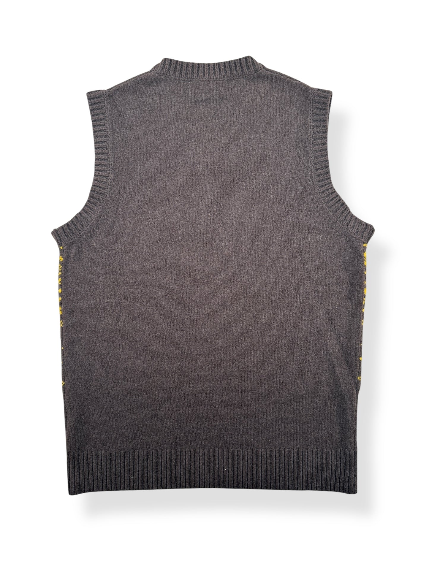 Back of Vintage J Crew Lambswool Brown and Yellow Vest SZ M