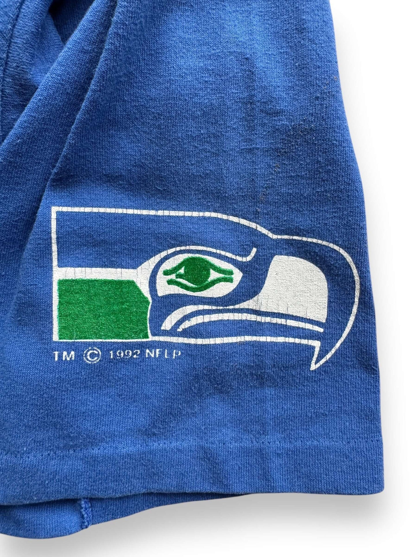 graphic on sleeve of Vintage Seattle Seahawks Jersey Tee SZ L