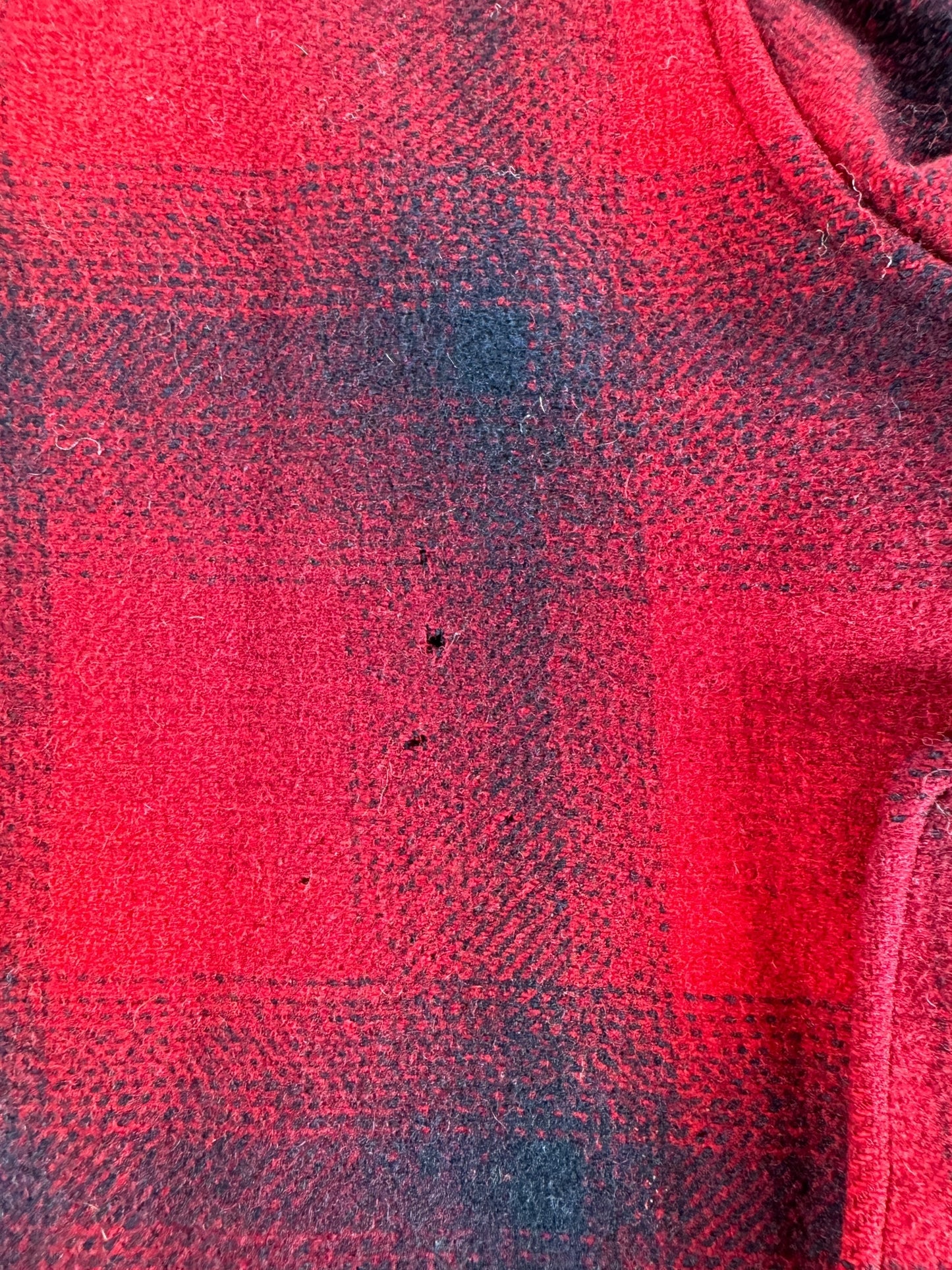 Holes on Back of Vintage Pendleton Red & Black Shadow Plaid Mackinaw Jacket SZ L AS IS