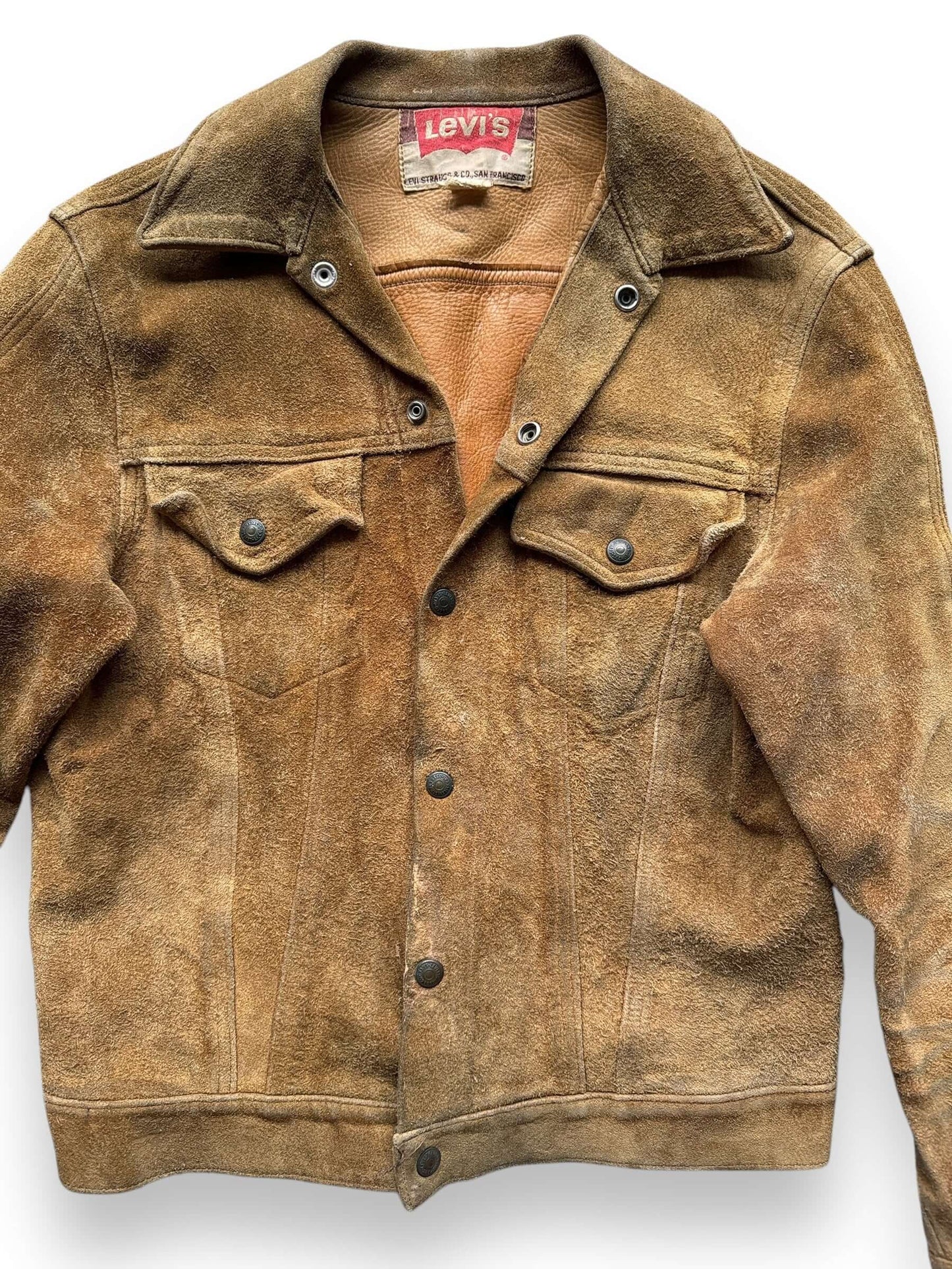 front close up of Vintage Levi's Big E Type III Suede Split Cowhide Trucker Jacket SZ S-M