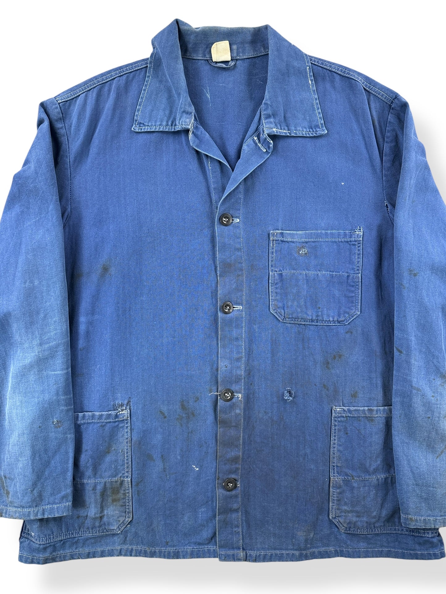Front Close Up of Vintage Well Loved HBT French Chore Coat SZ L