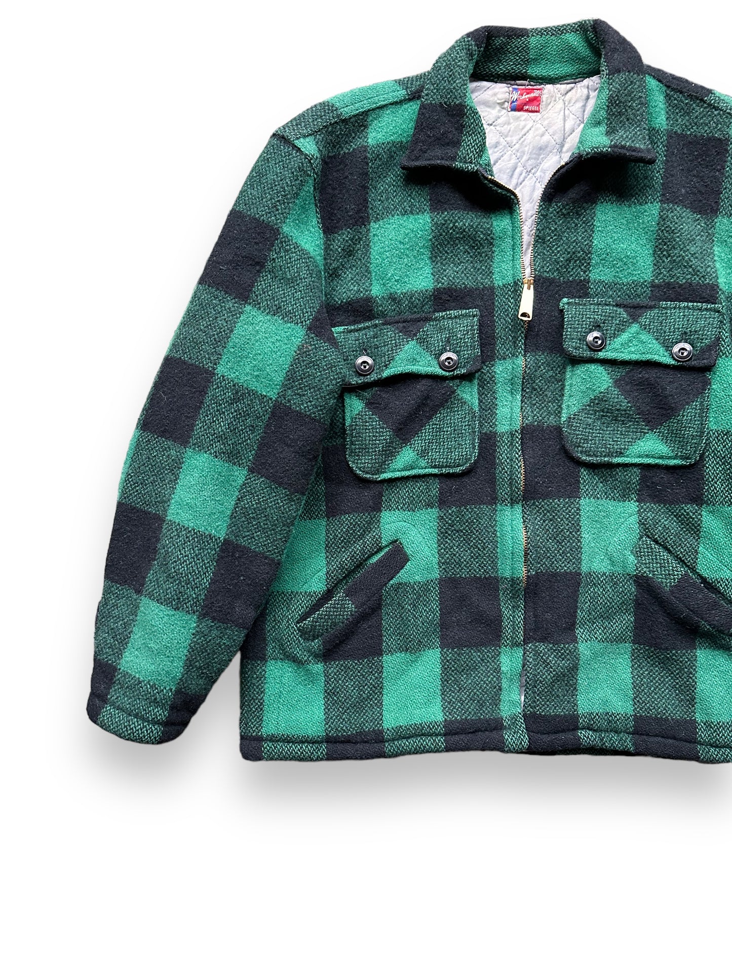 Front Right View of Vintage Green & Black Spiegel Workmaster Jacket SZ L | Vintage Wool Jacket Seattle | Barn Owl Vintage Seattle