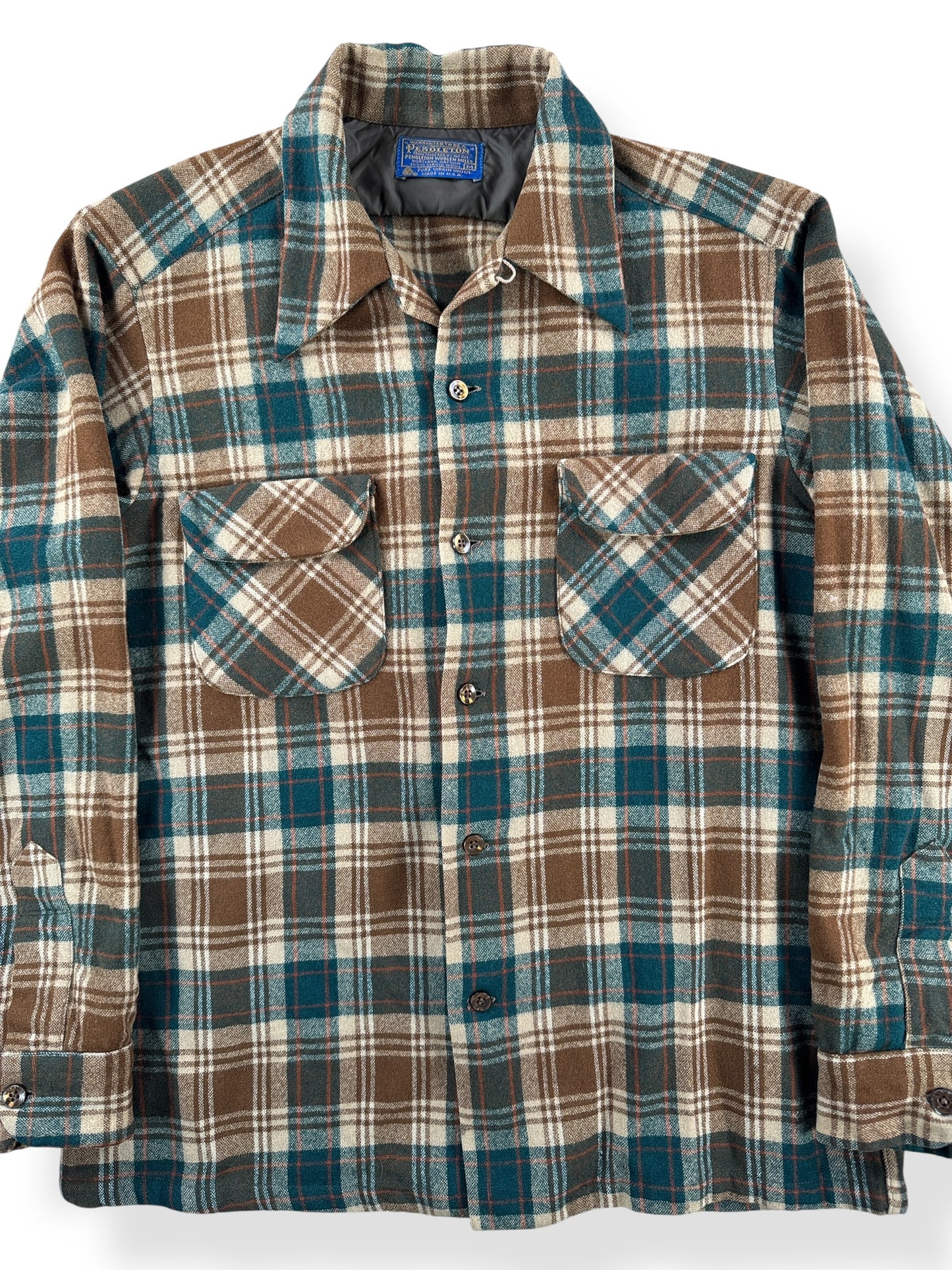 Front Close Up of Vintage Pendleton Green & Brown Board Shirt SZ M