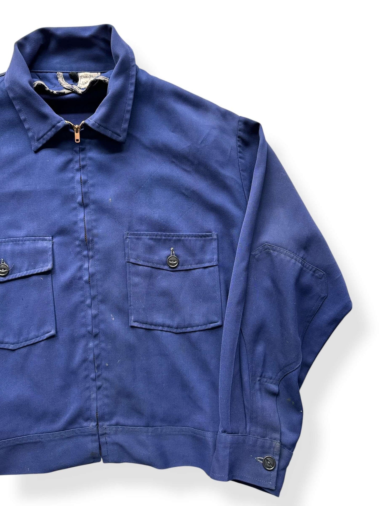 Front Left of Vintage Unitog Koratron Blue Shop Jacket SZ 48