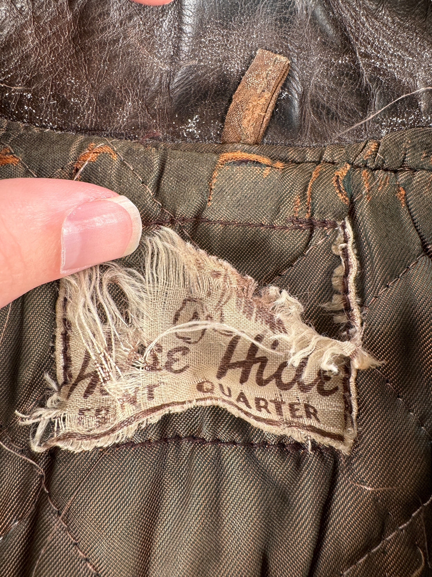 Label on Vintage 50s Era Front Quarter Horse Hide Leather Jacket SZ S