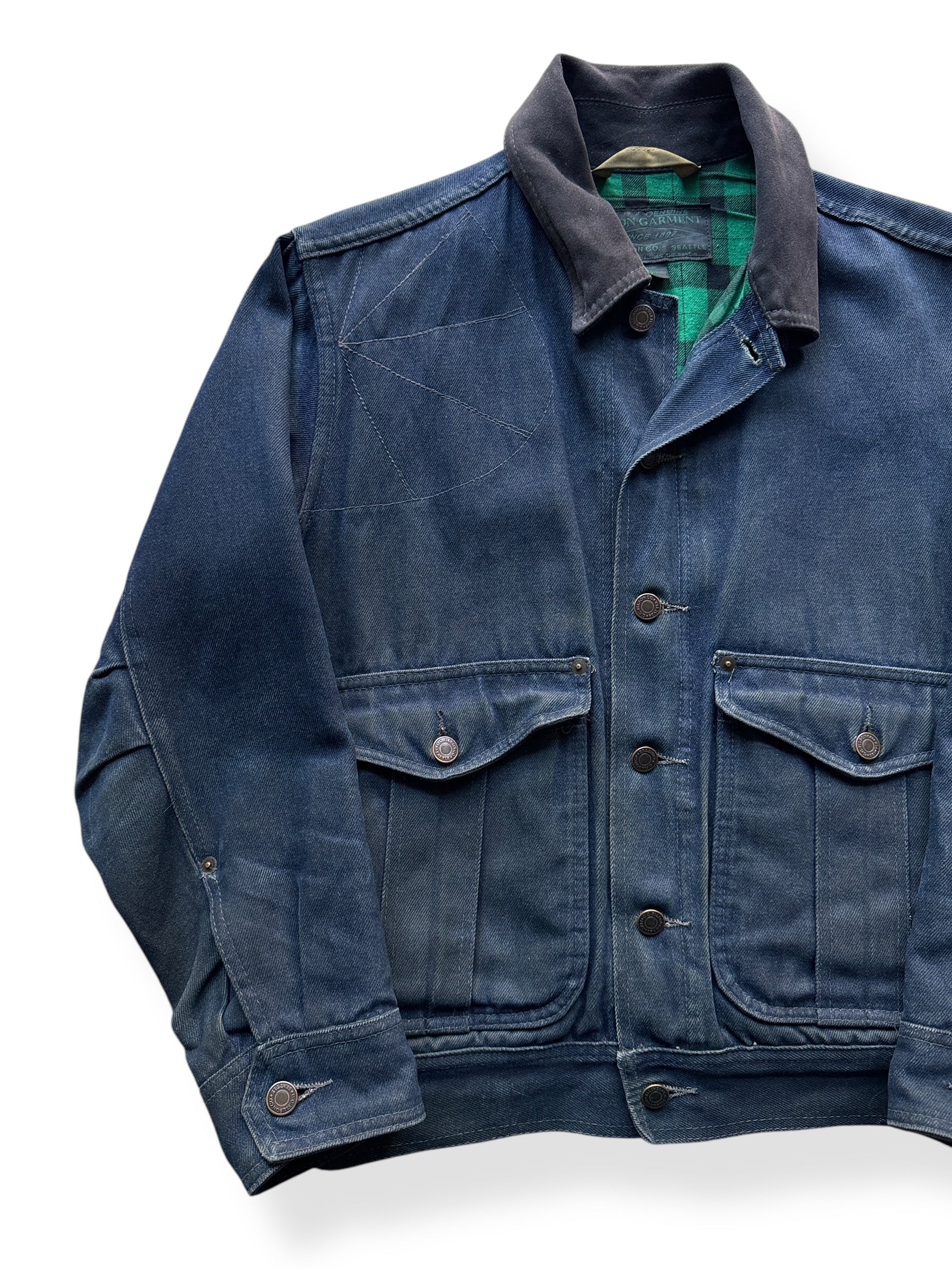 Front Right of Filson Black Label Belltown Waxed Denim Jacket SZ XS