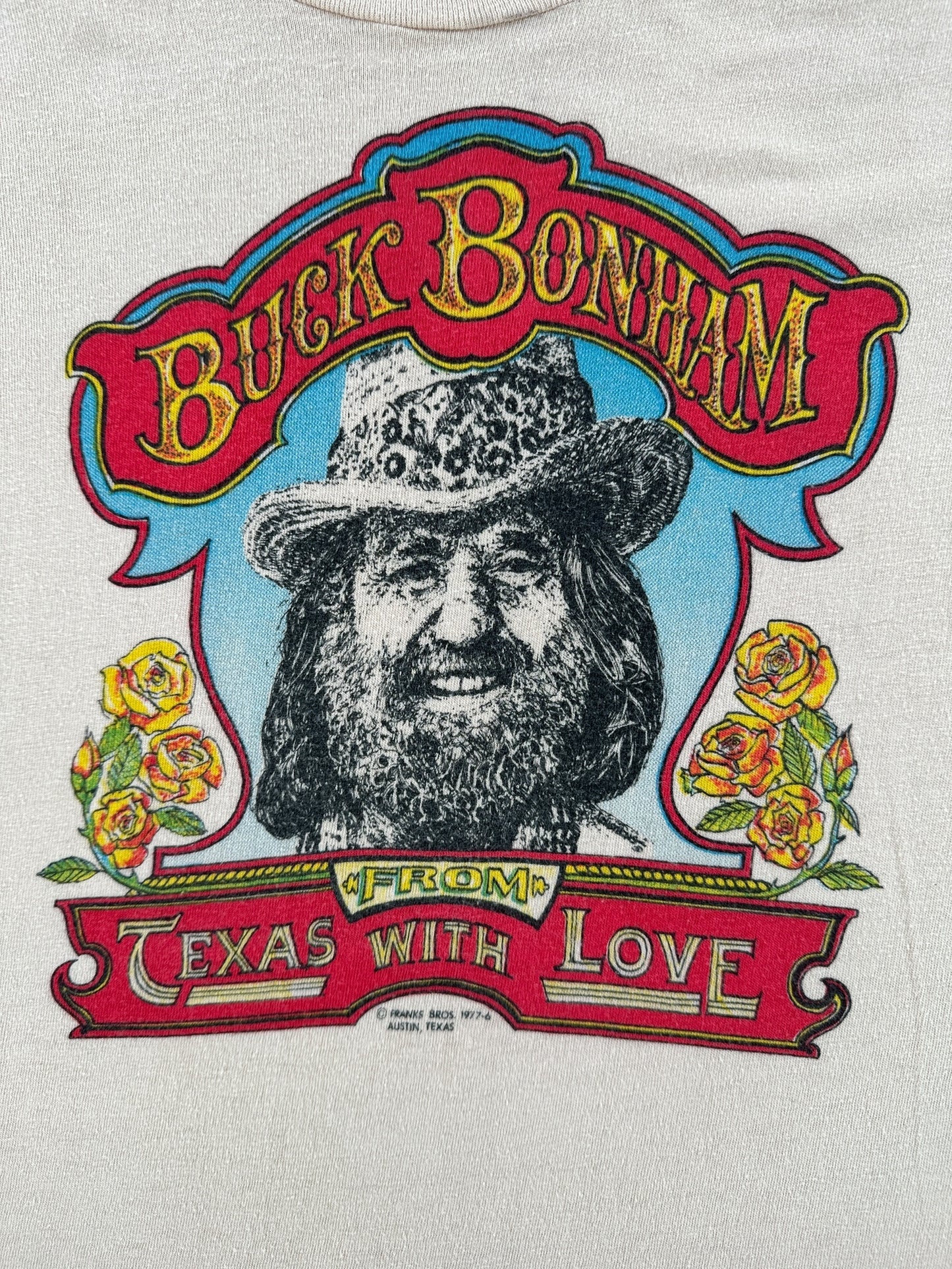 Front Graphic of Vintage Willie Nelson Honeysuckle Rose Buck Bonham Promo Tee SZ M