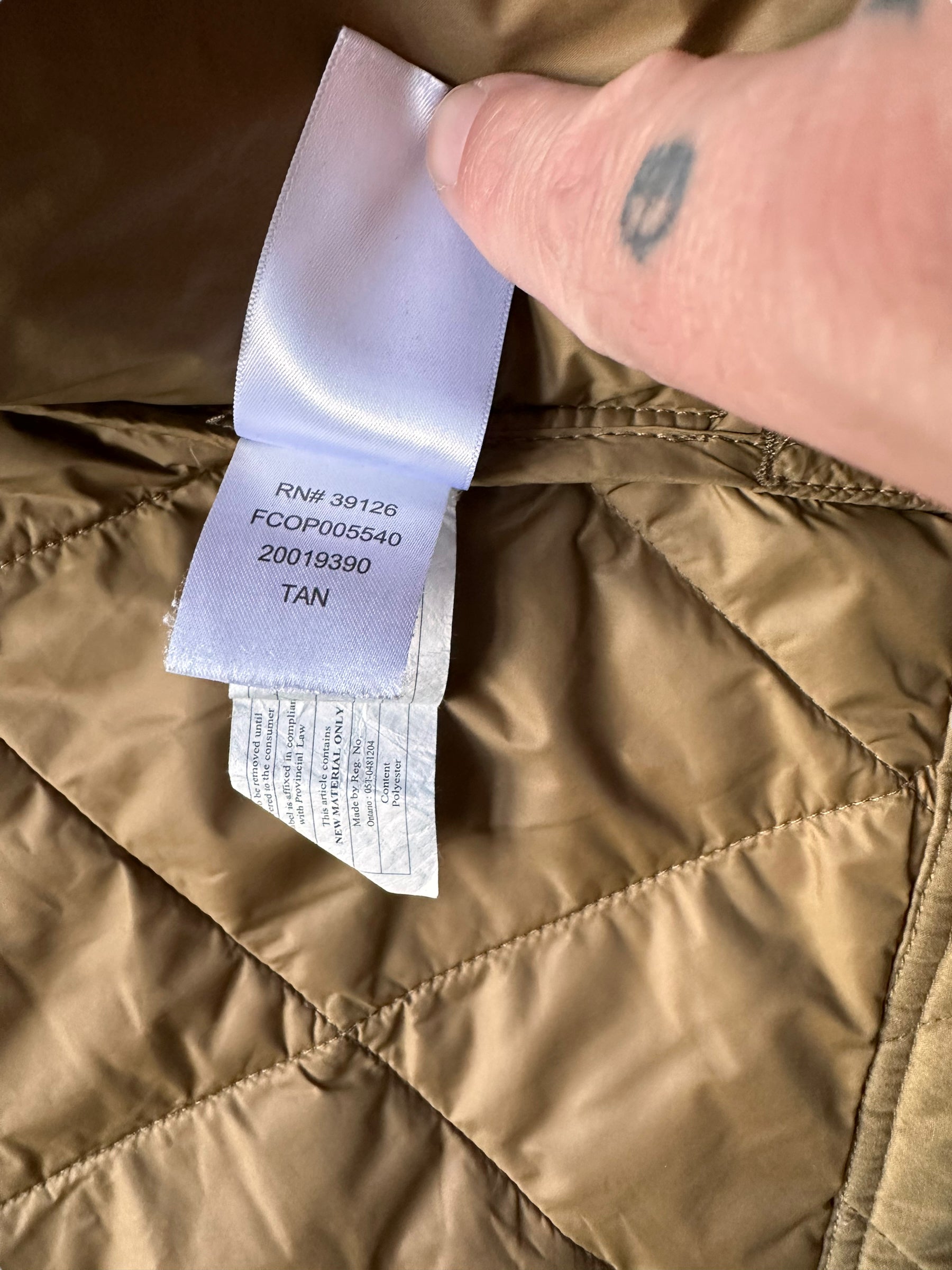 Filson Production Tag on Filson Hyder Quilted Jac Primaloft Waxed Jacket SZ M |  Barn Owl Vintage Goods | Vintage Filson Workwear Seattle