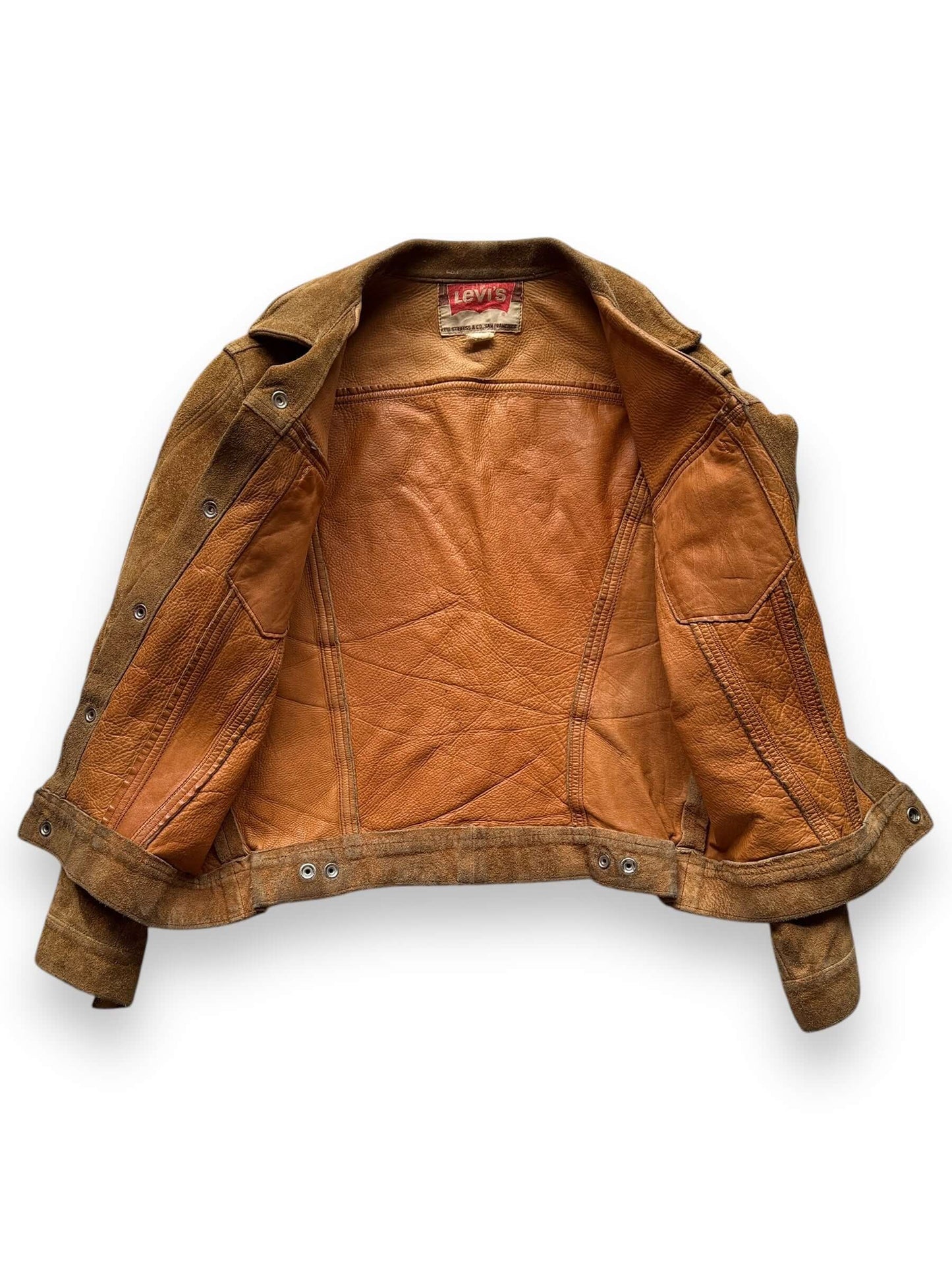 inside of Vintage Levi's Big E Type III Suede Split Cowhide Trucker Jacket SZ S-M