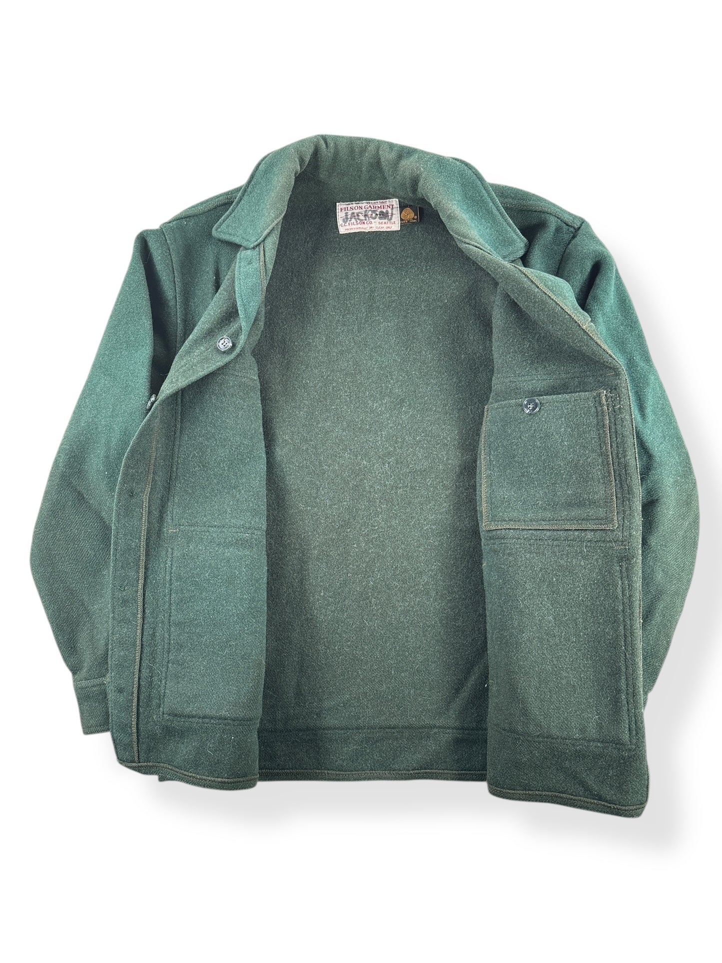 Inside of Vintage Filson Forest Green Mackinaw Jacket SZ 48