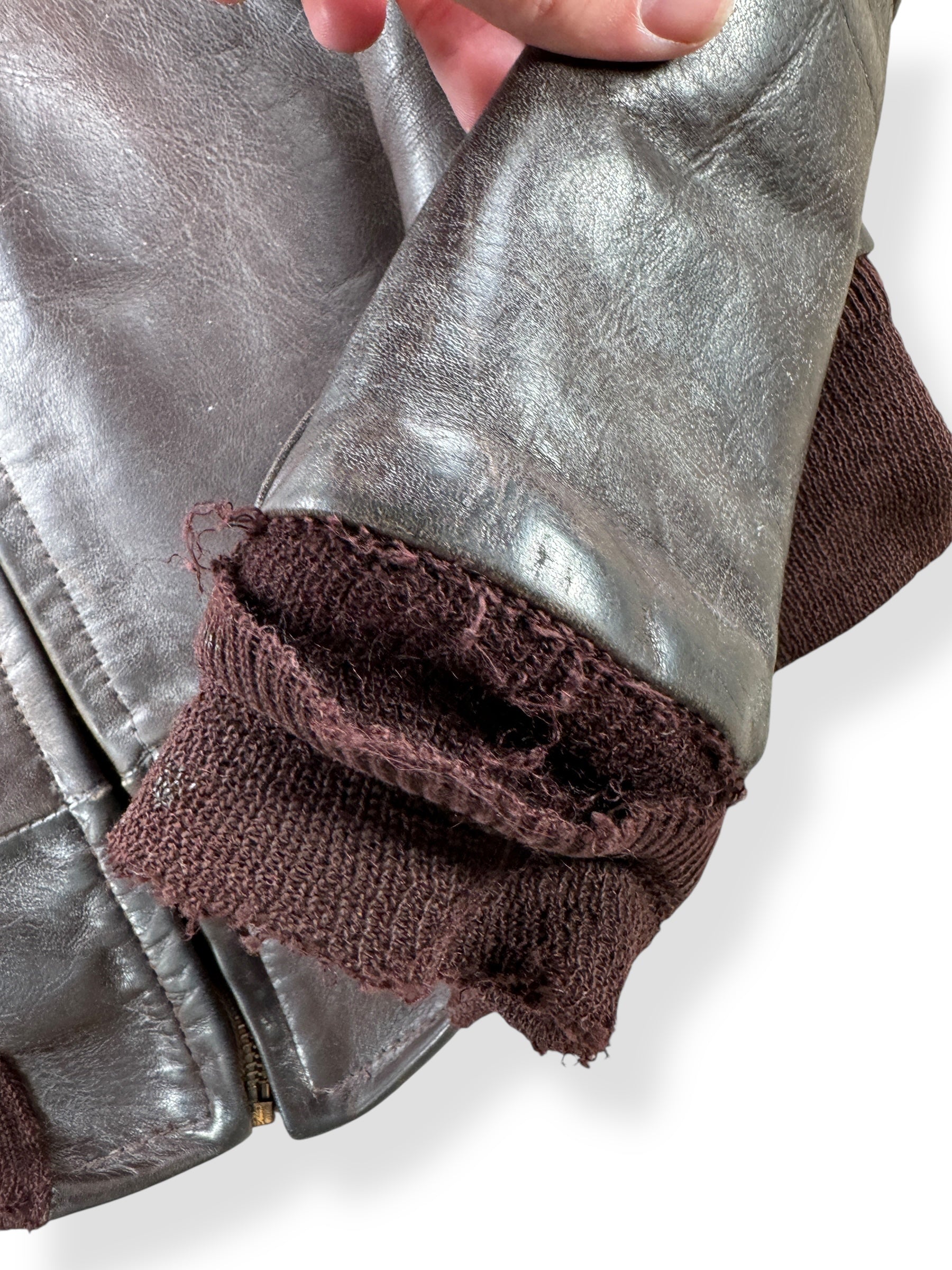 Thrashed Cuff on Vintage 50s Era Front Quarter Horse Hide Leather Jacket SZ S