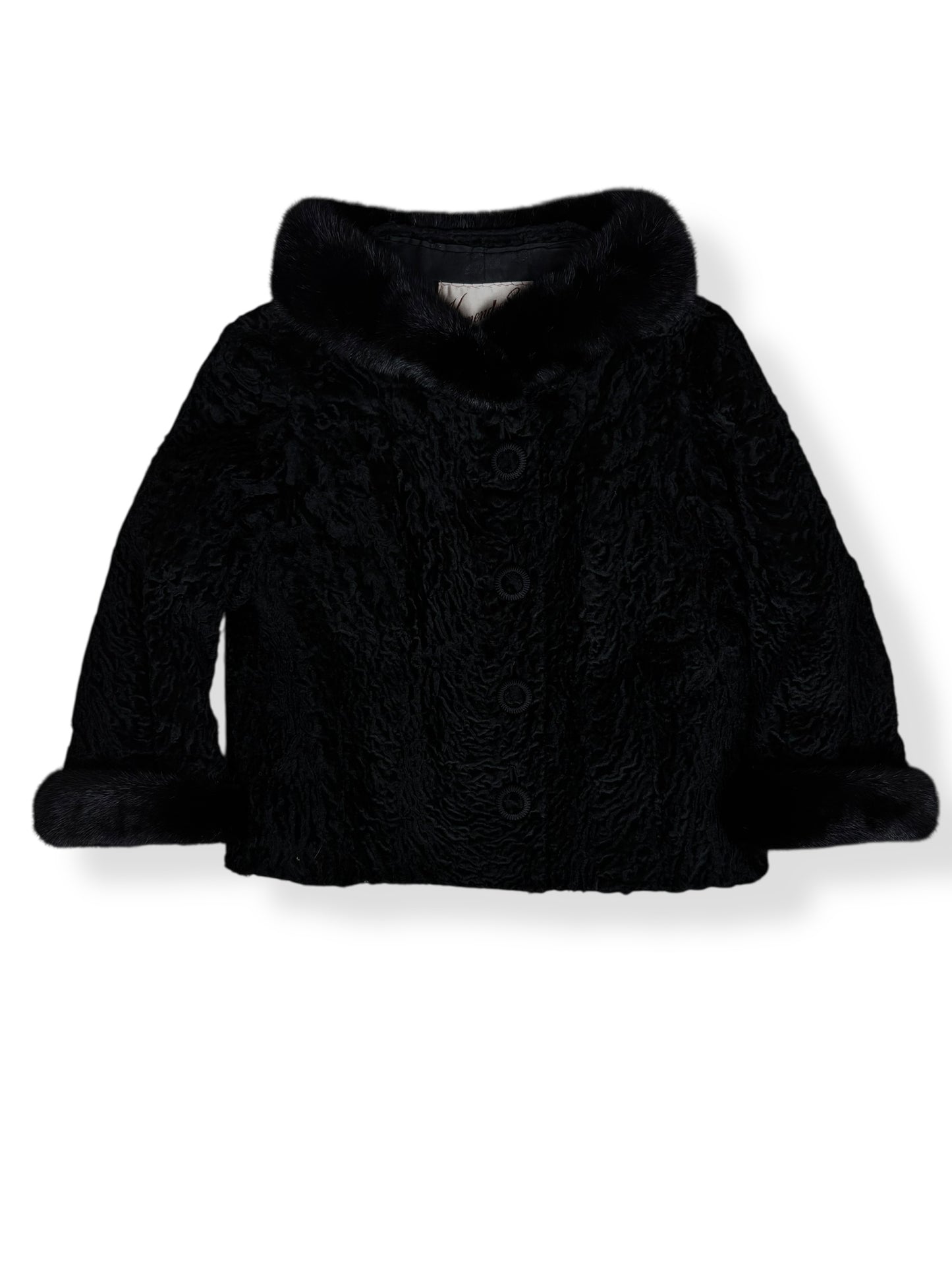 Front view of 1960s Kermend Cropped Lam's Fur and Mink Coat L