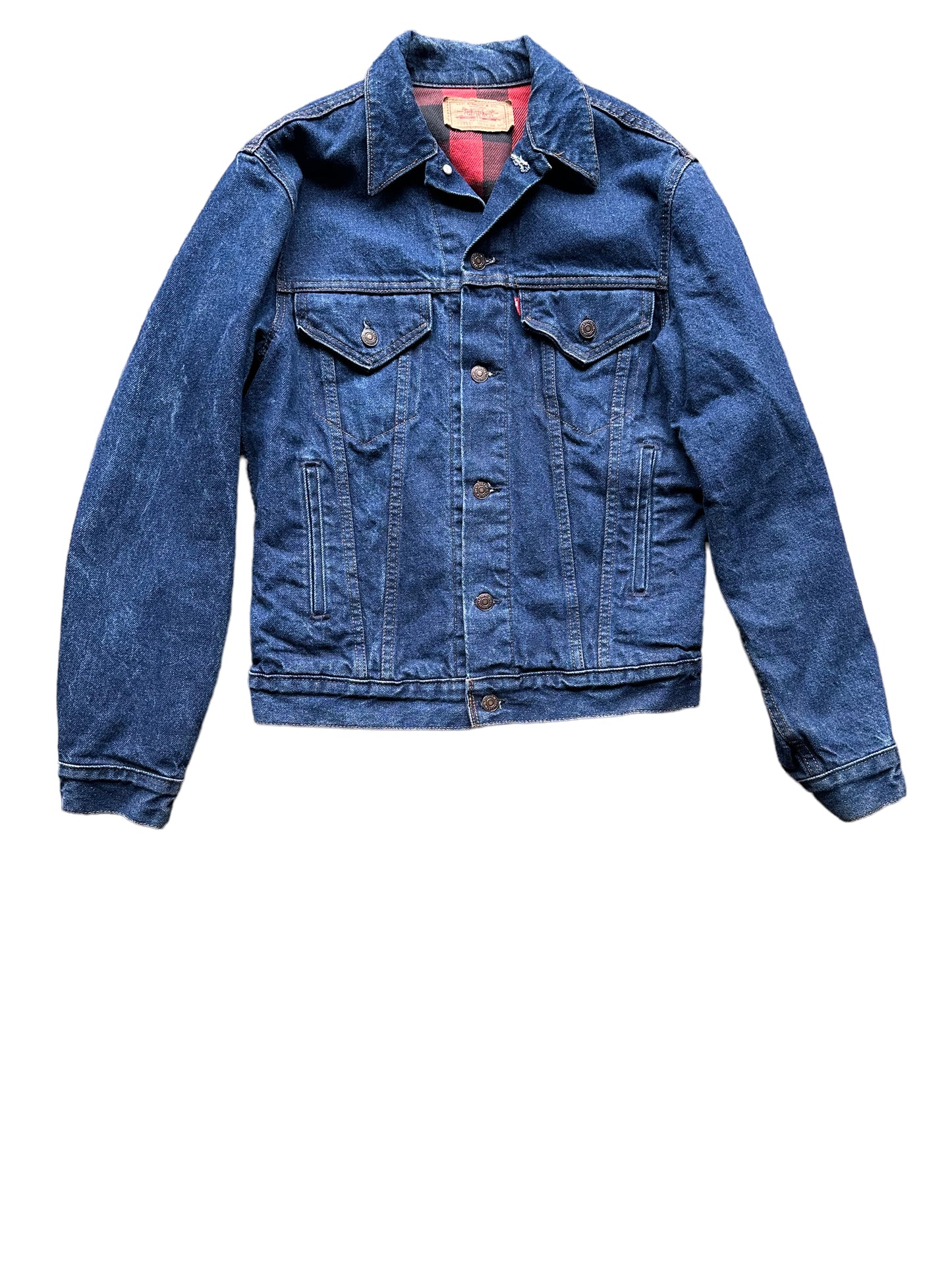 Front View of Vintage Red Flannel Lined Levis Type 3 Denim Trucker Jacket SZ S | Vintage Levi Strauss Denim Workwear Seattle | Seattle Vintage Clothing