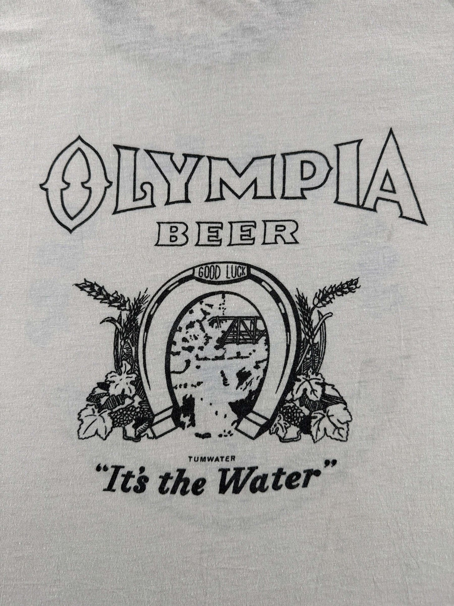 Graphic of Vintage 70s Era Bop Til You Drop Olympia Beer Ringer Tee SZ S