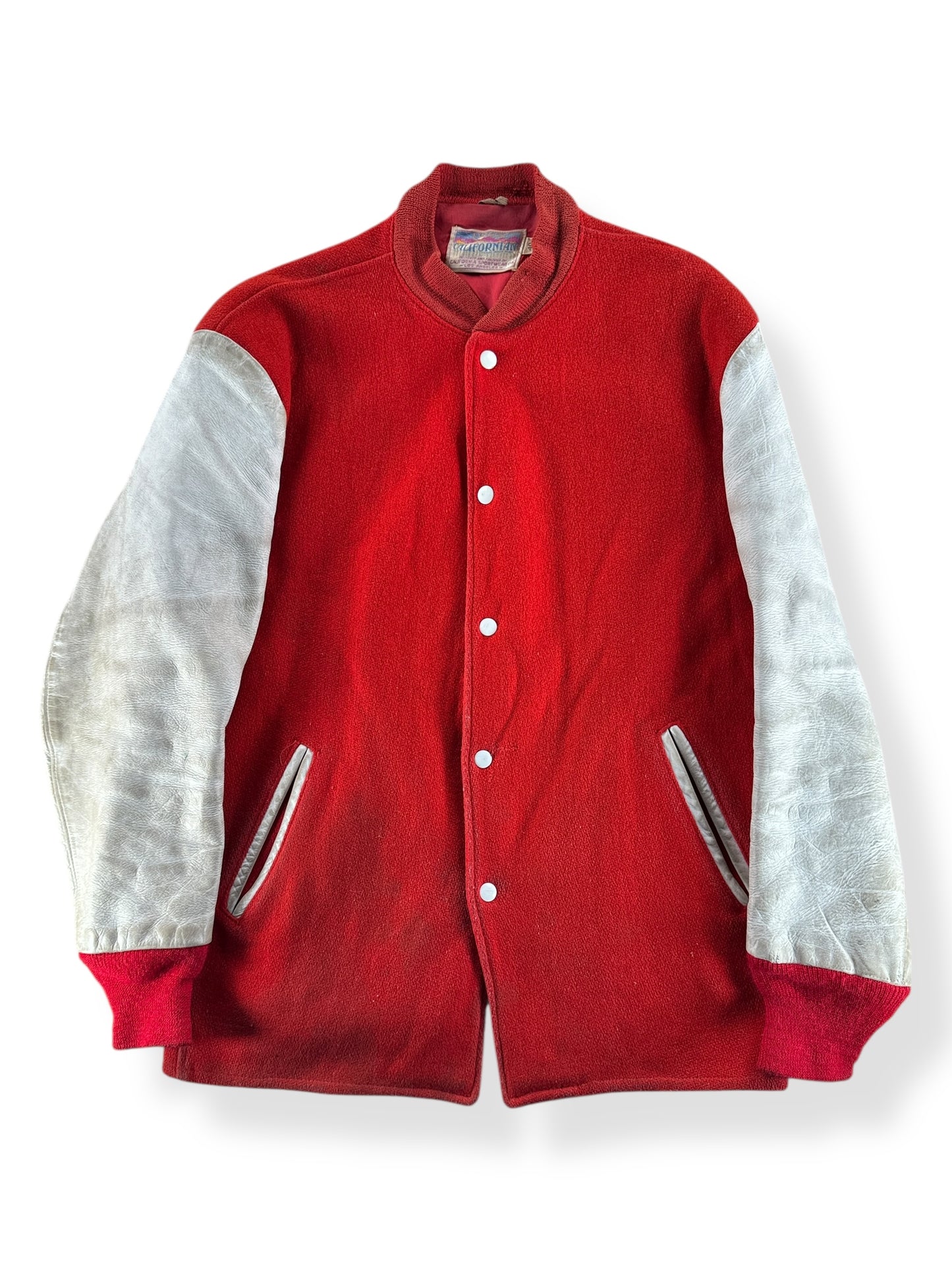 Front of Vintage Californian Red & White Varsity Jacket SZ 40