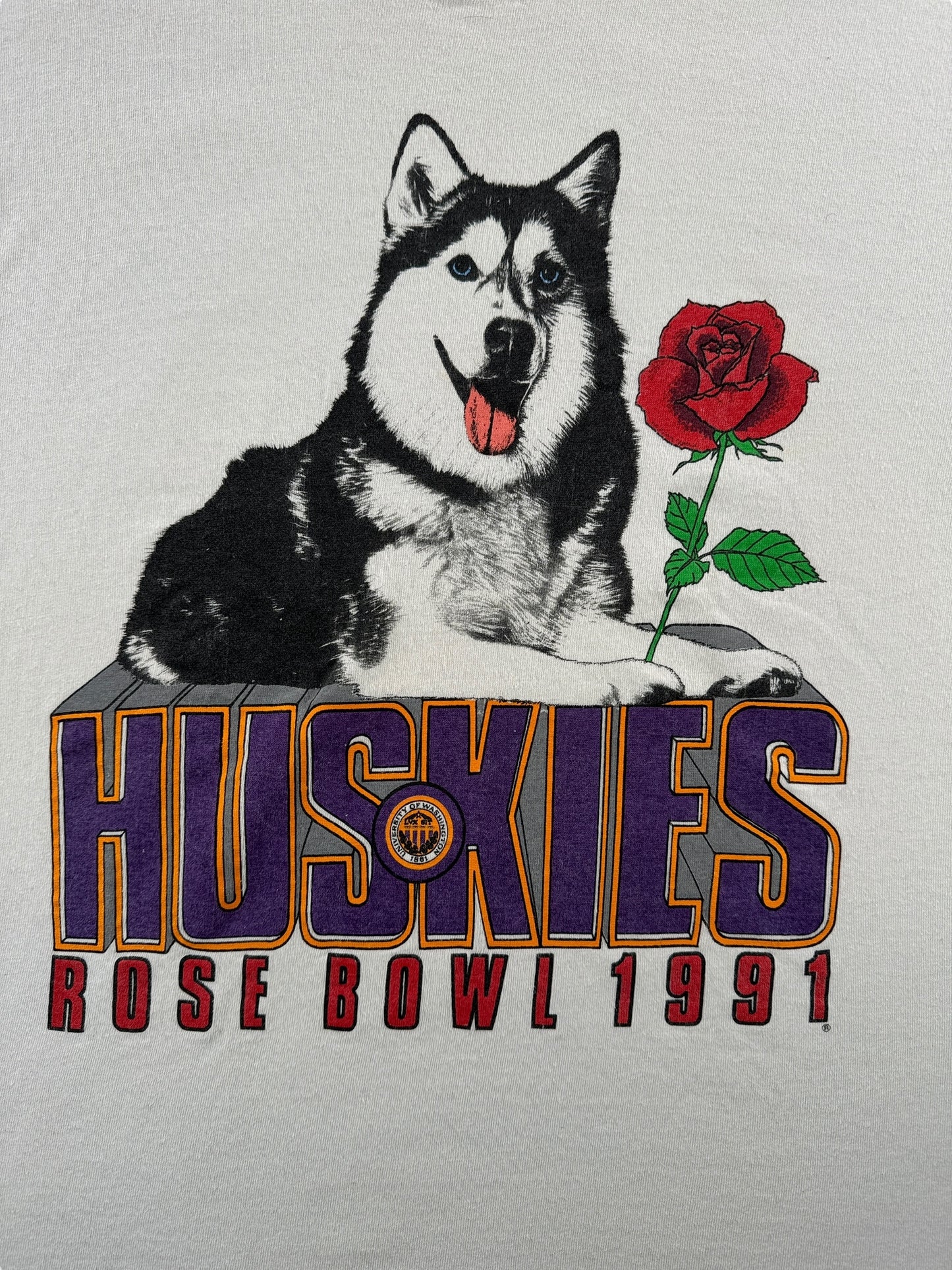 Front Graphic of Vintage 1991 UW Huskies Rose Bowl Tee SZ XL