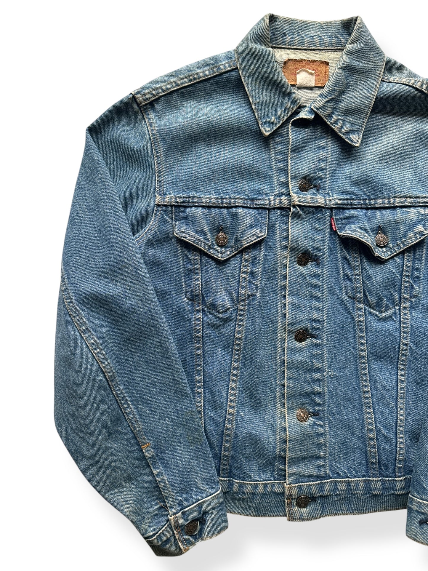 Front Right of Vintage Made in USA Levis Type III Denim Trucker Jacket SZ 42