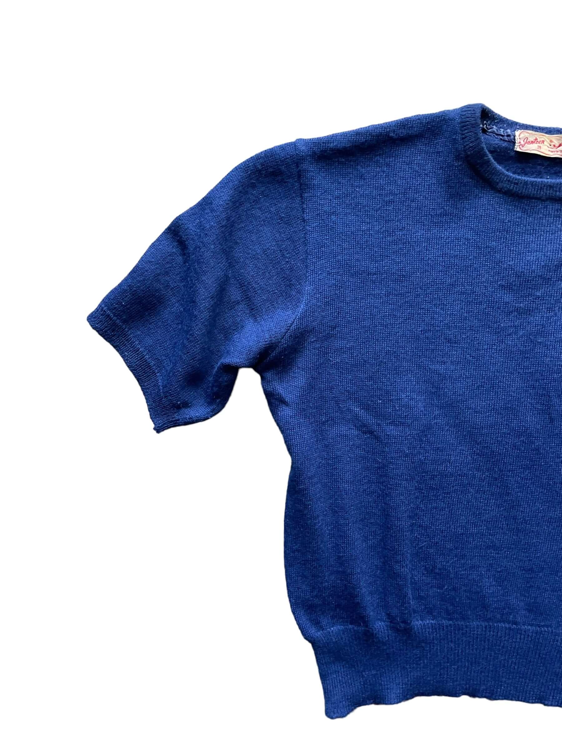 Front right side view of 1950s Navy Blue Jantzen Short Sleeve Knit Sweater M