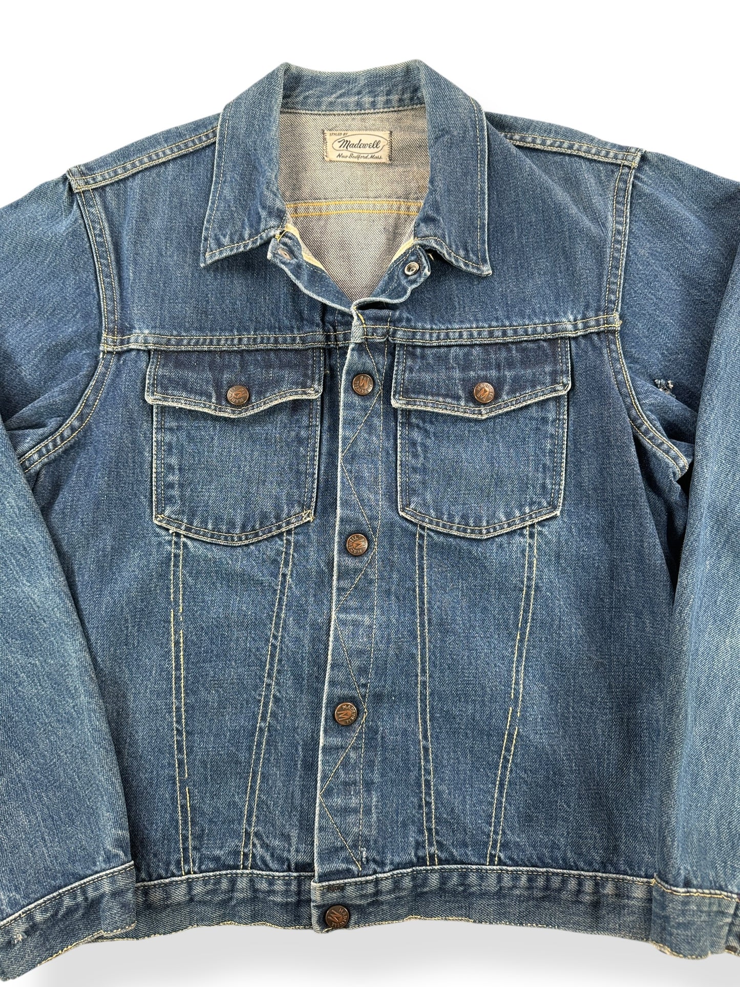 Front Close Up of Vintage Green Line Selvedge Madewell Denim Trucker Jacket SZ S