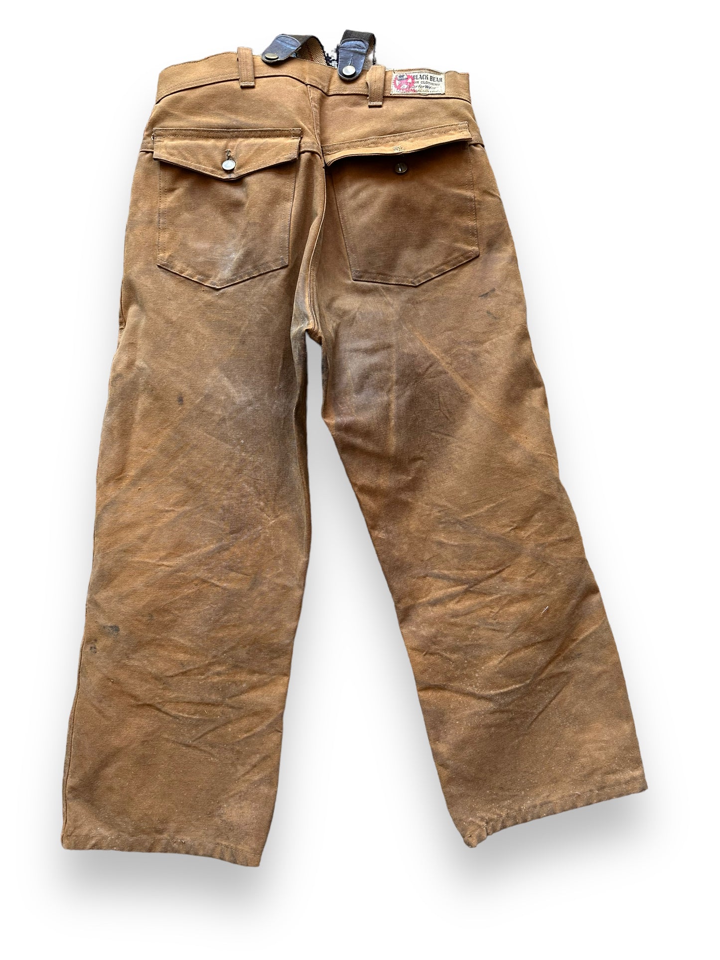 Rear View of Vintage Black Bear Oil Cloth Trousers W33 | Black Bear Brand Workwear | Seattle Vintage Workwear