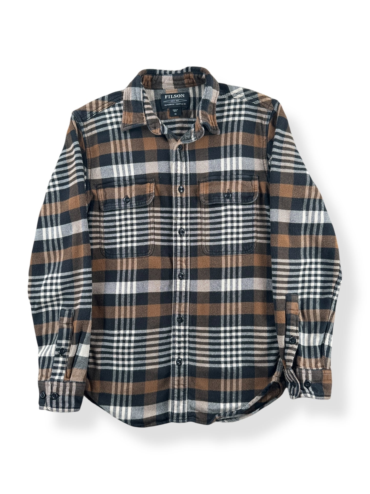 Front of Filson Black Brown Cream Cotton Flannel Work Shirt SZ XS