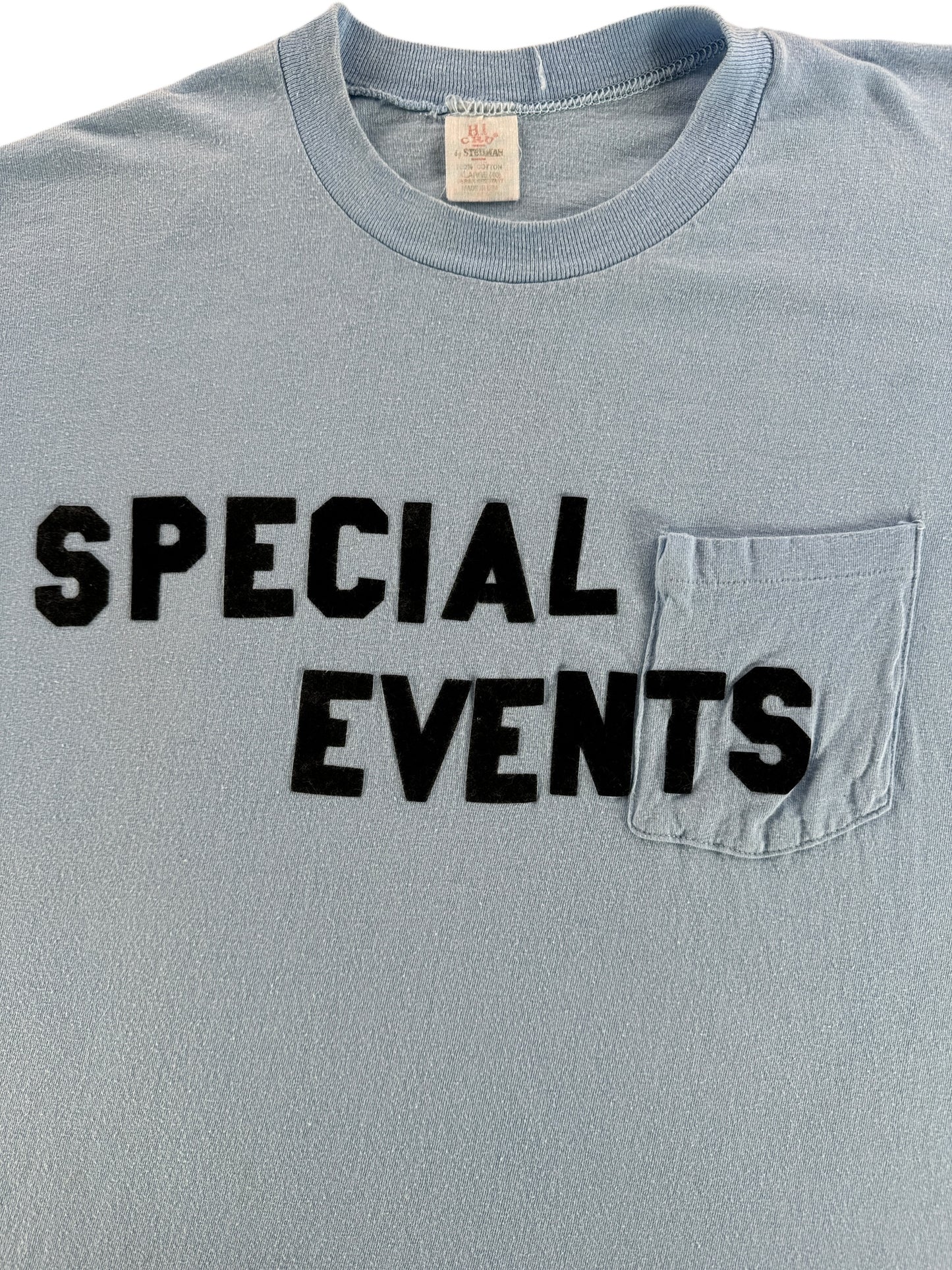 Front Close Up of Vintage Hi-Crew Special Events Pocket Tee SZ XL