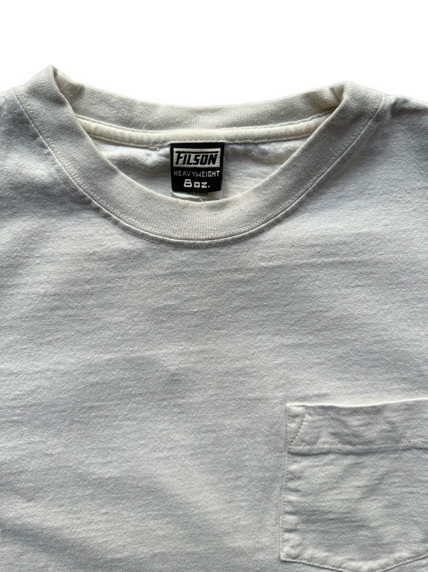 Tag View of White Filson Loopwheel Heavyweight Cotton Pocket Tee SZ M | Barn Owl Vintage Goods | Vintage Filson Workwear Seattle