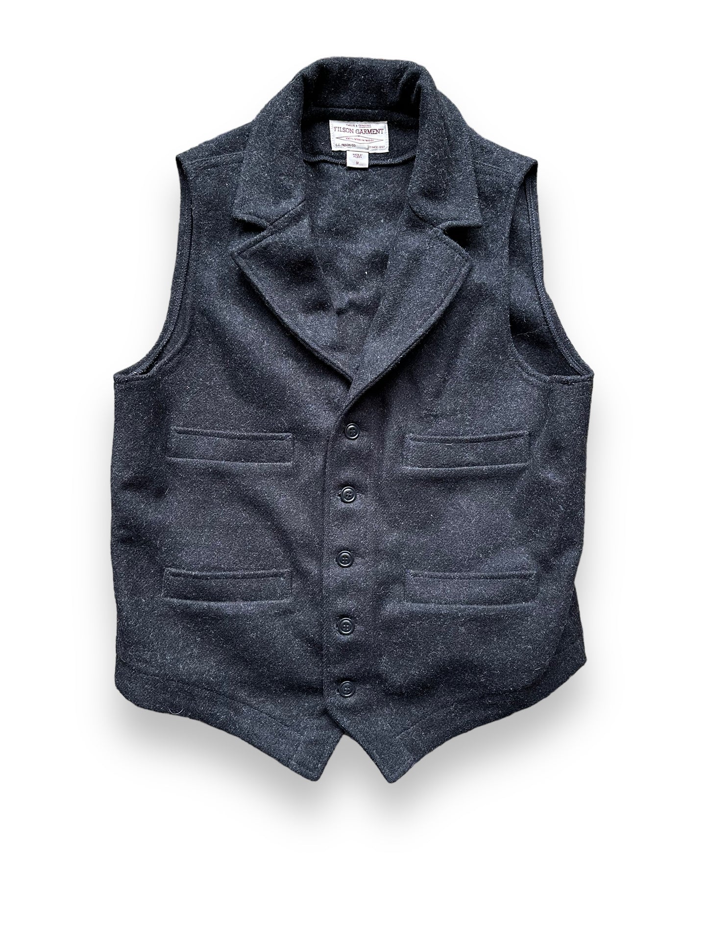 Front View of Filson Western Style Charcoal Mackinaw Vest SZ M |  Barn Owl Vintage Goods | Vintage Filson Workwear Seattle