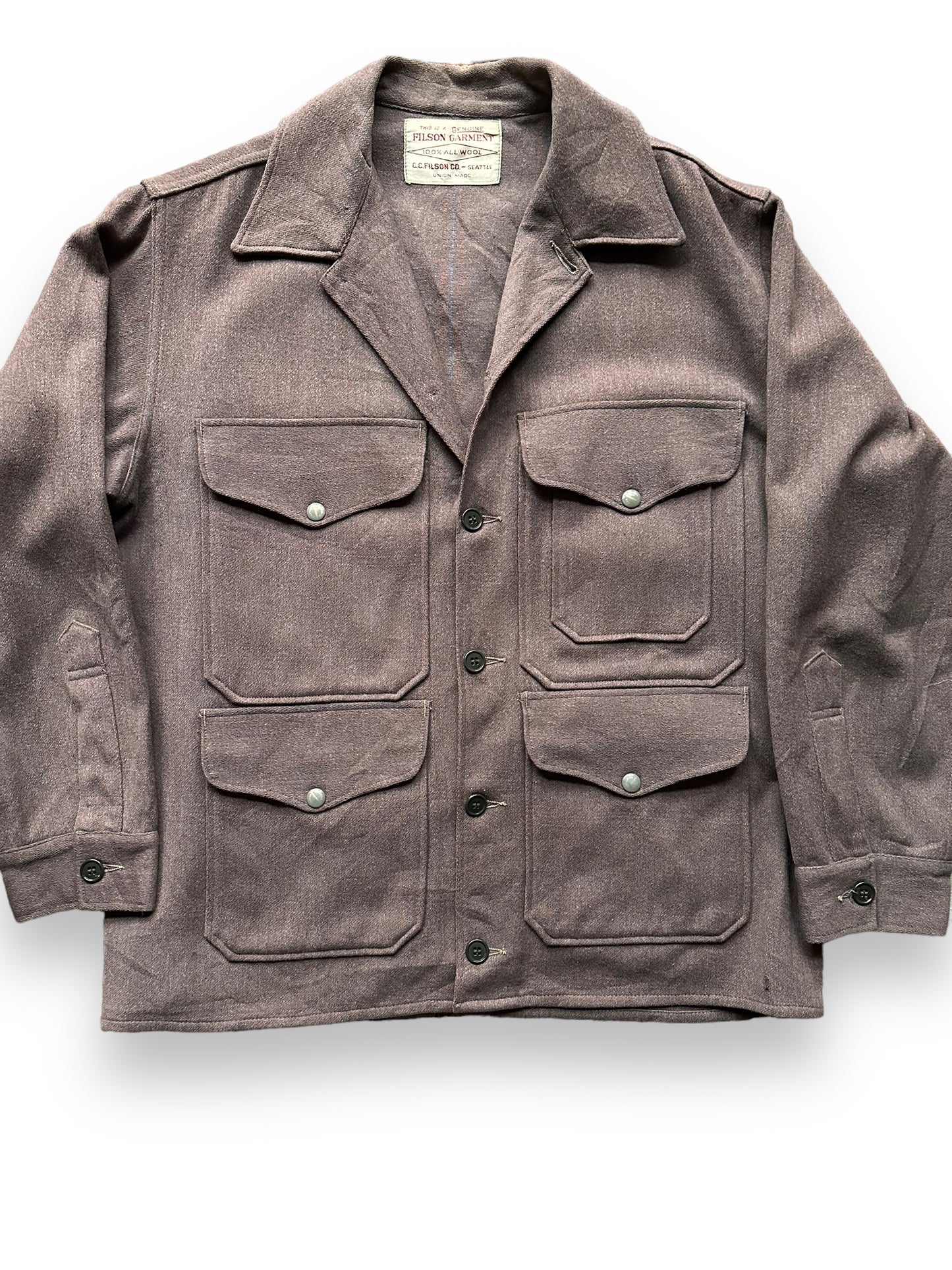 Front Detail on Rare Vintage Filson Pin Striped Union Made Cruiser Coat SZ 44 | Vintage Rare Filson Cruiser | Vintage Workwear Seattle