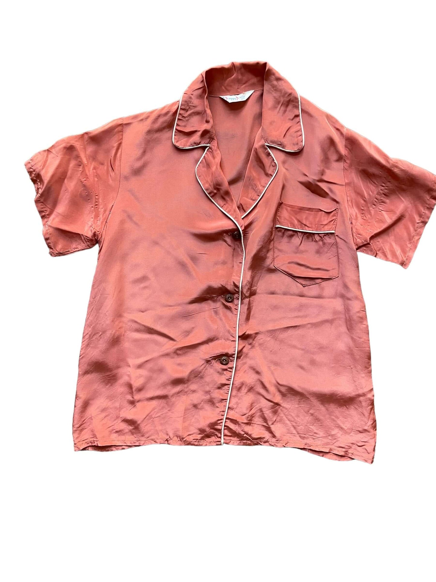 Full front view of 1940s Peggy Prim Satin PJ Top L-XL