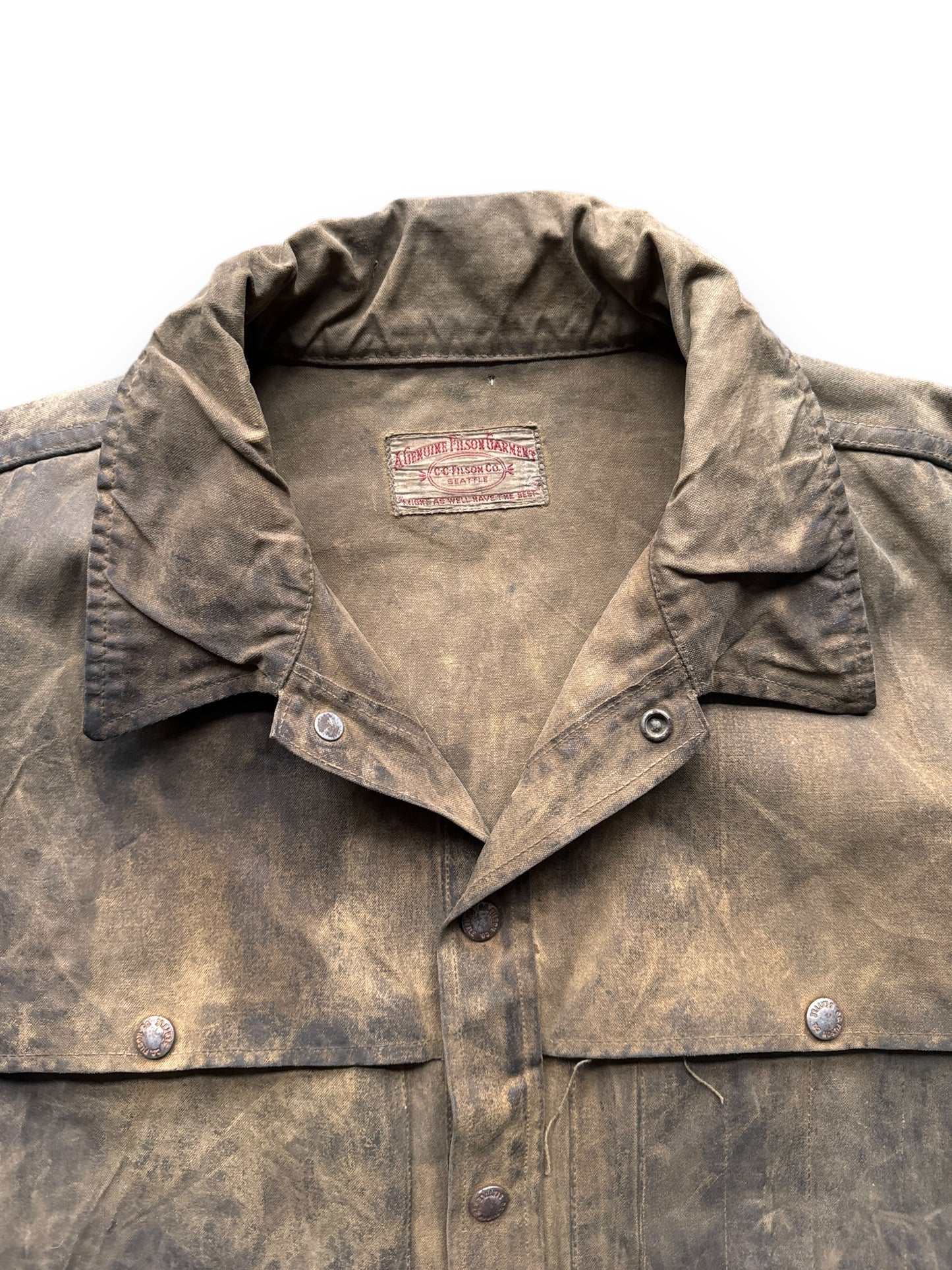 Collar View of Distressed Vintage Union Made Filson Tin Cruiser SZ XL