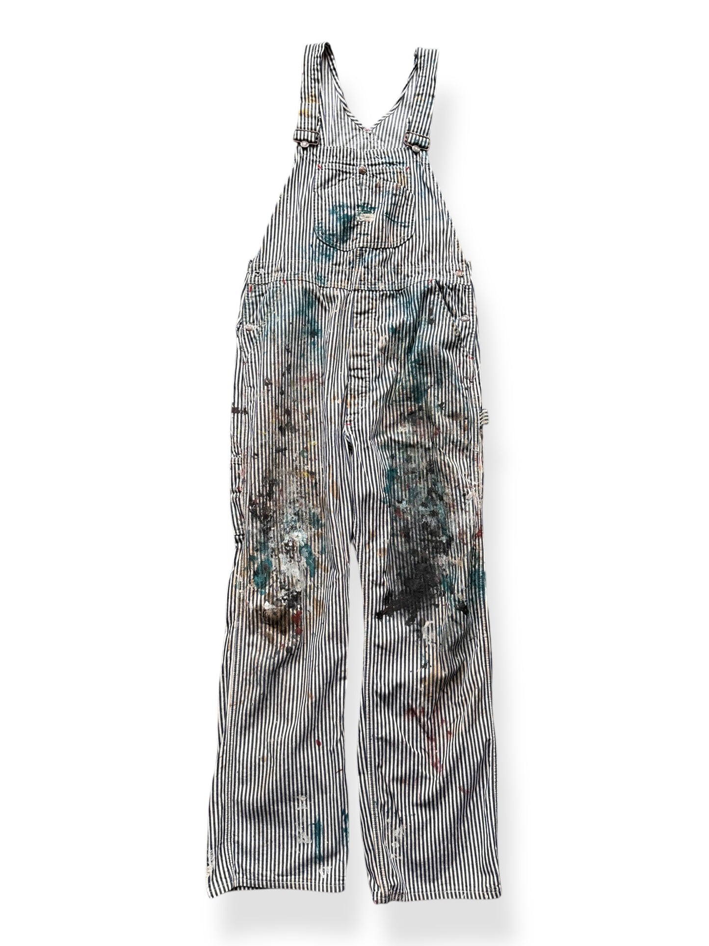 Front of Vintage Blue Paint Patina Packed Big Mac Hickory Stripe Overalls W38