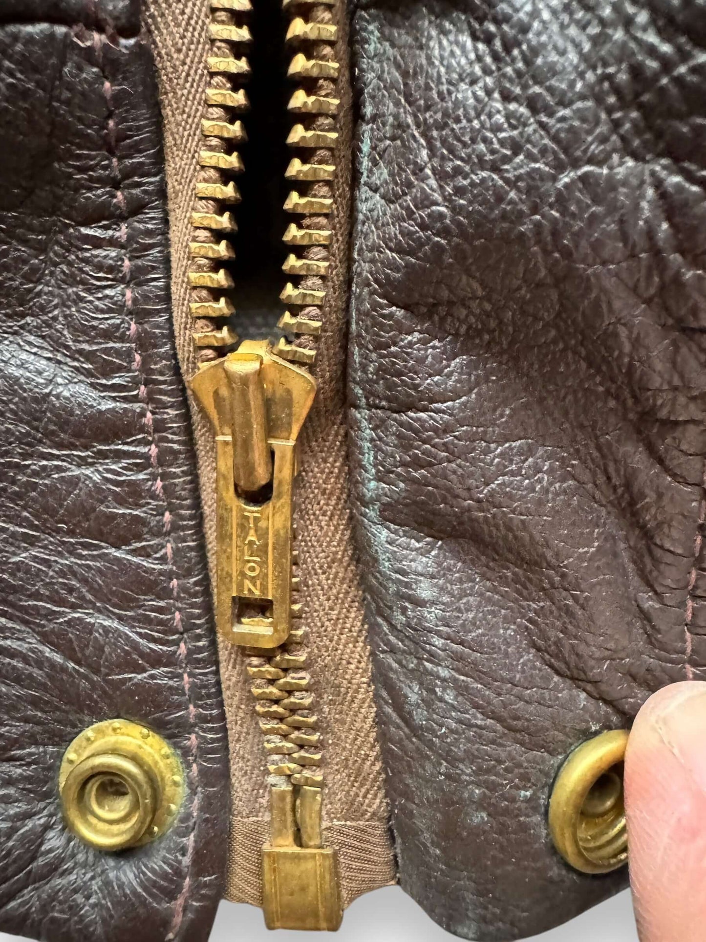 talon zipper on Vintage 30s/40s Era Californian Goatskin A-2 Leather Jacket SZ 40