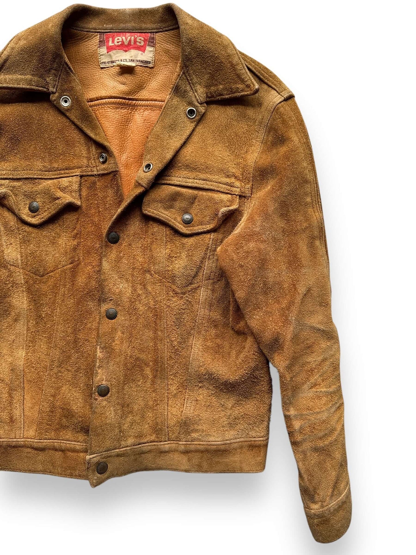 front left of Vintage Levi's Big E Type III Suede Split Cowhide Trucker Jacket SZ S-M